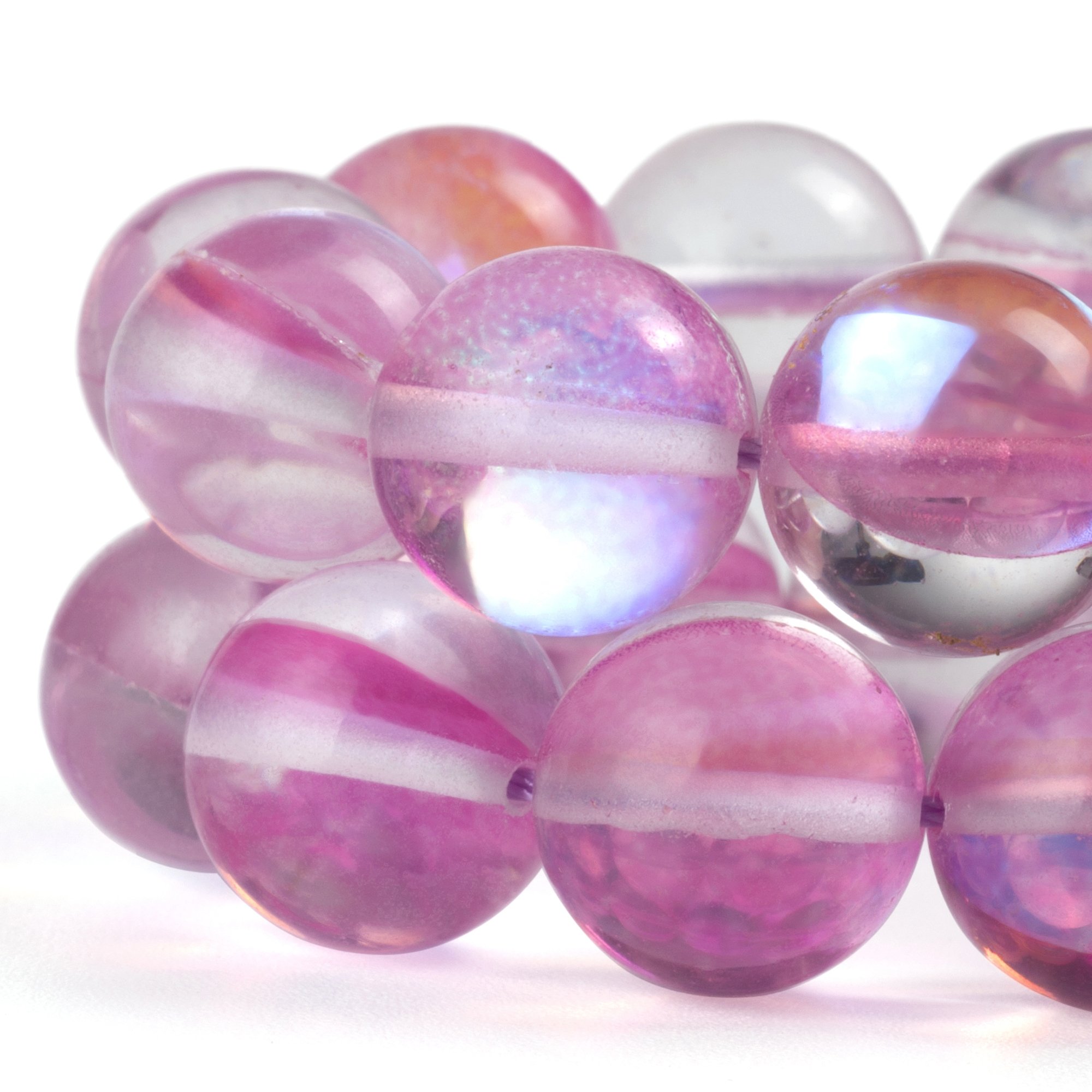 Pink Round Moonstone Crystal Glass Beads for Jewelry Making - 12mm Aura Iridescent Beads (1 Strand) - Perfect for Necklaces, Bracelets & DIY Craft Projects