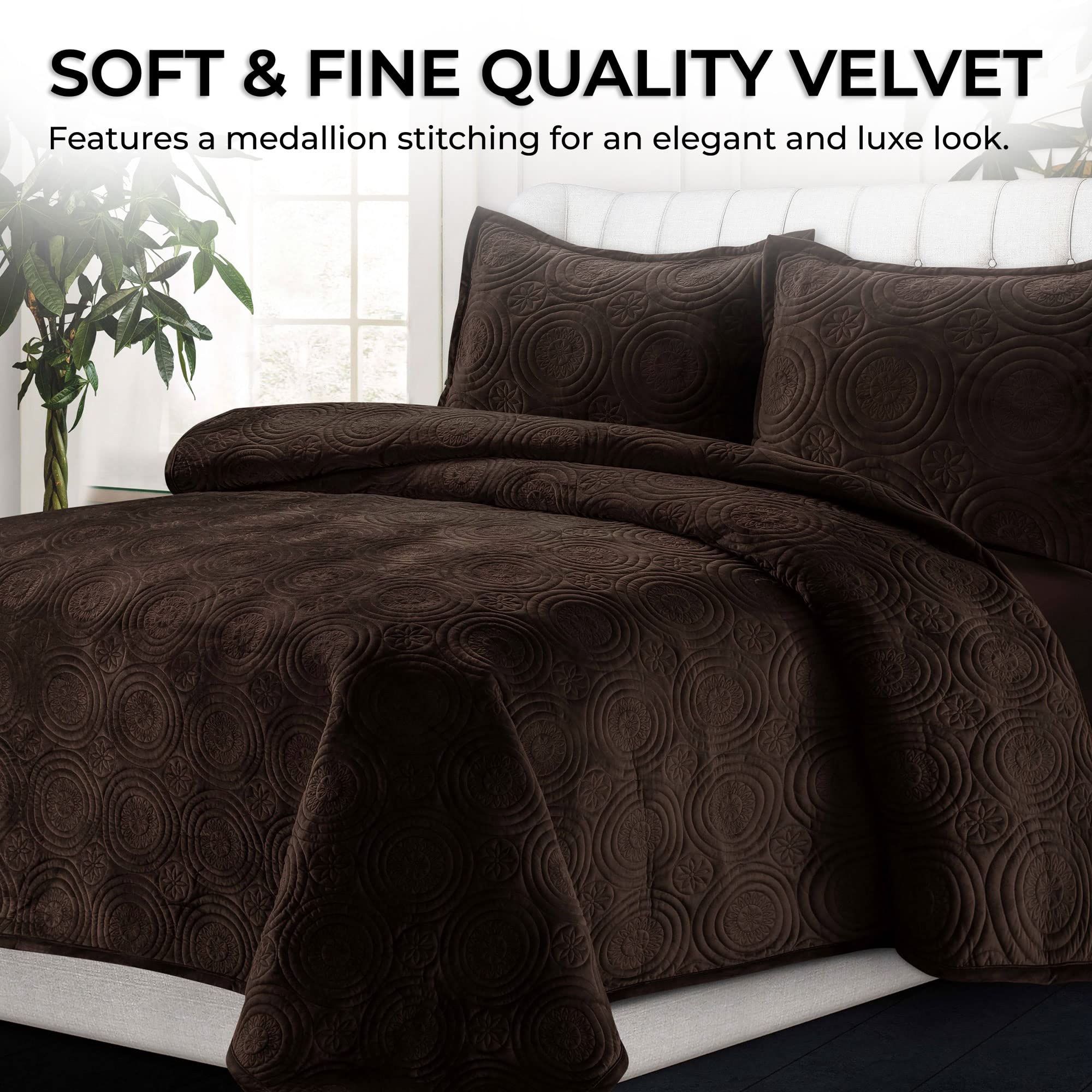 Tribeca Living Oversized Velvet Quilt Set - 2-Piece Twin Bedding with 260GSM Soft Quilted Velvet, Includes Quilt & Sham in Chocolate Brown | Cozy Luxury for Bedroom Decor & Guest Room Essentials