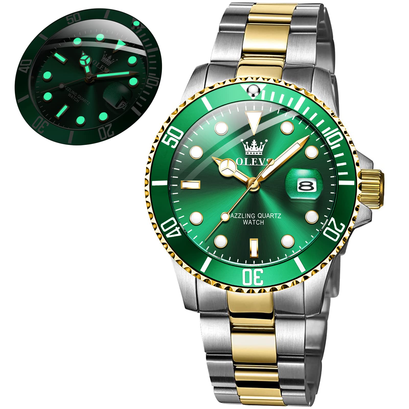 Men's Stainless Steel Dress Watch with Date - 41mm Unidirectional Rotating Bezel, Quartz Analog Waterproof Luminous Wristwatch (Green/Black/Blue Dial) - Perfect for Business, Formal Events & Everyday Wear