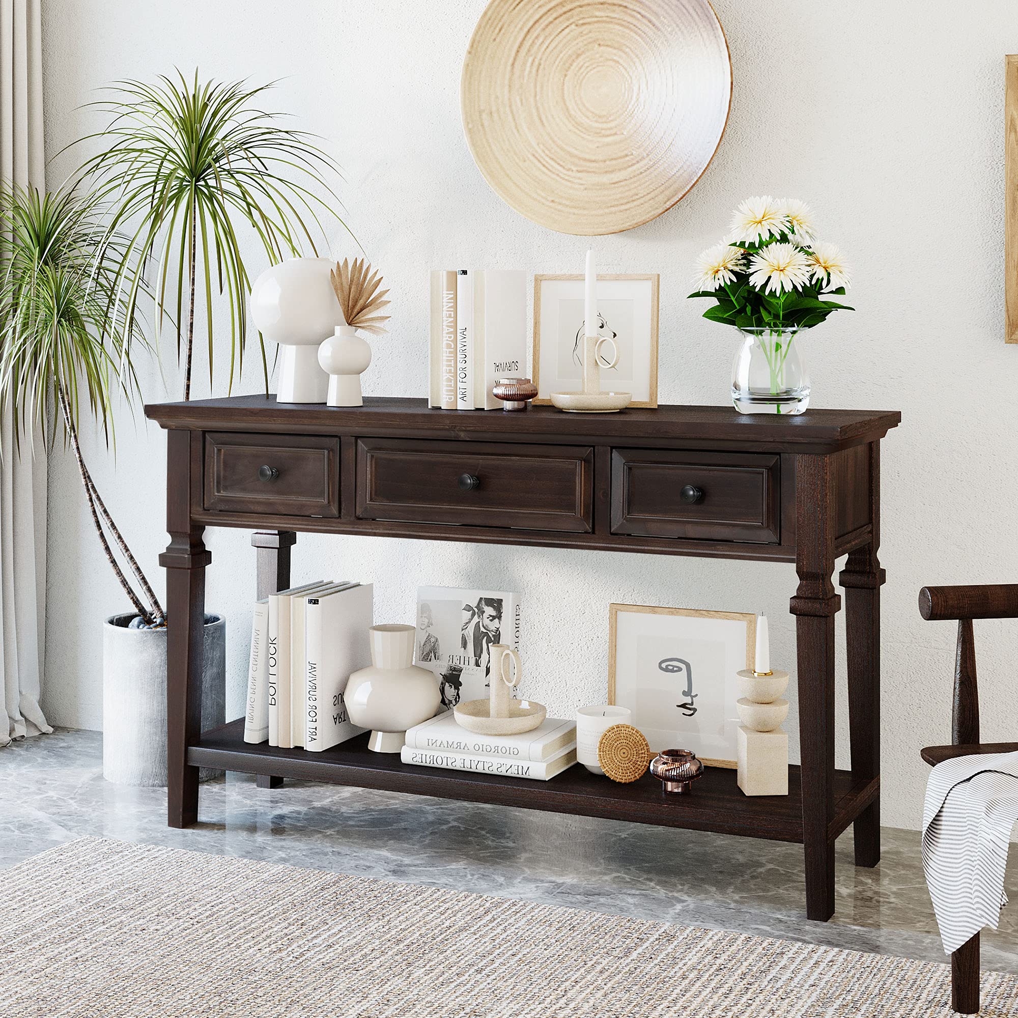 Harper & Bright Designs Retro Espresso Console Table with 3 Drawers & Open Shelf - Classic Entryway Table for Living Room, Hallway, Bedroom - Perfect for Home Decor & Small Space Storage