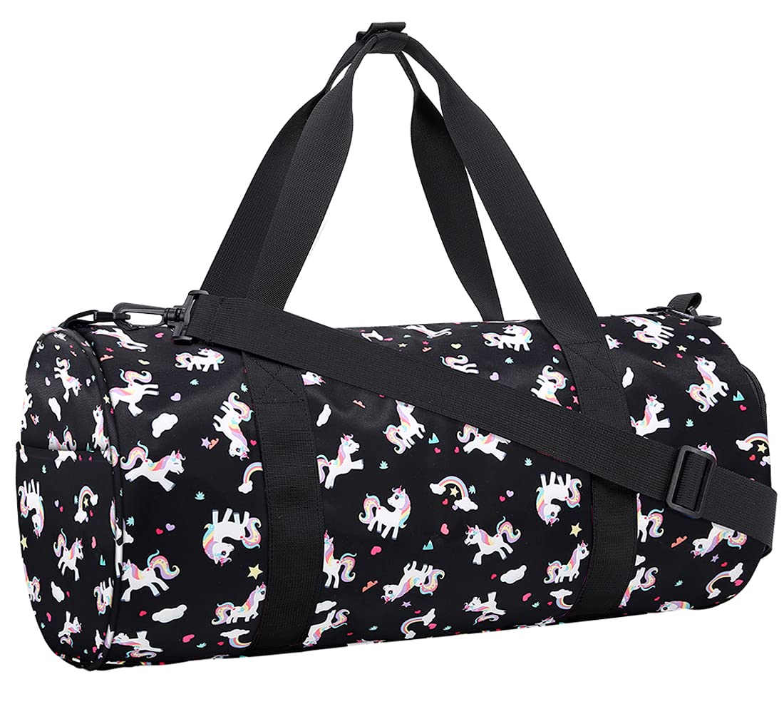 **Unicorn Kids Duffle Bag for Girls - Toddler Travel Overnight Weekender Bag with Handle, Sleepover Gym Sports Bag for Little Girls - Perfect for School, Sleepovers, Travel & Sports (Black)**