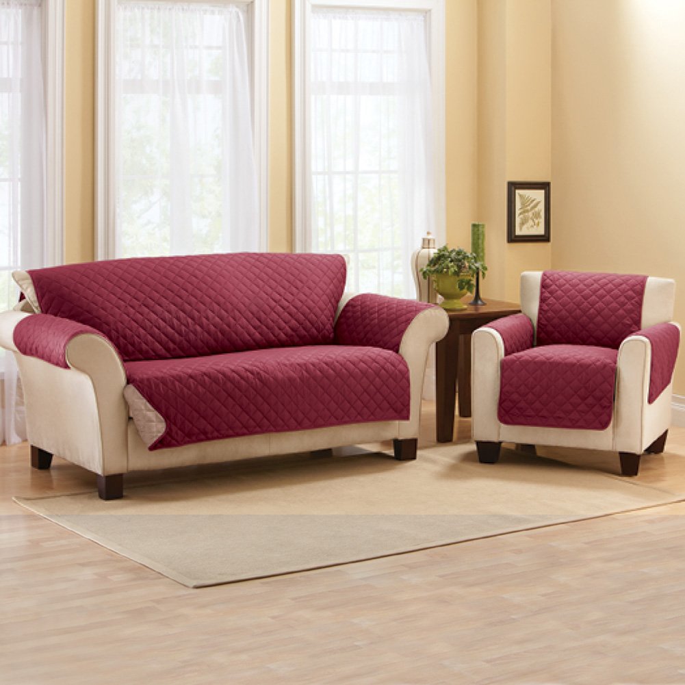 Reversible Quilted Furniture Cover for Jumbo Recliner - Burgundy/Taupe | Sofa Protector, Stretchable Slipcover | Living Room, Home Decor, Pet Protection