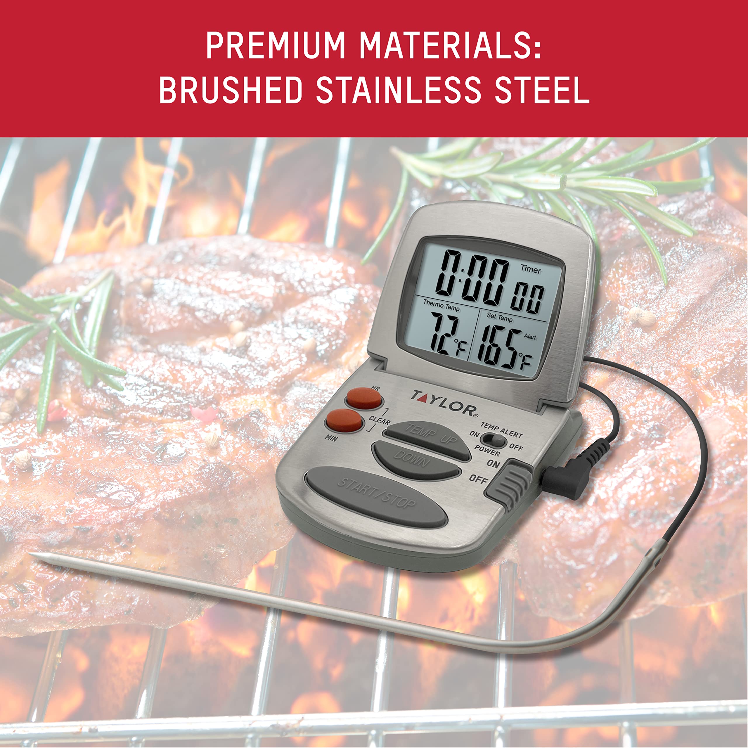 Taylor Programmable Digital Meat Thermometer with Timer & Instant Read Wired Probe - Perfect for Grilling, BBQ, Roasting, and Kitchen Cooking - Stainless Steel Food Thermometer for Turkey, Steak, Chicken, and Baking