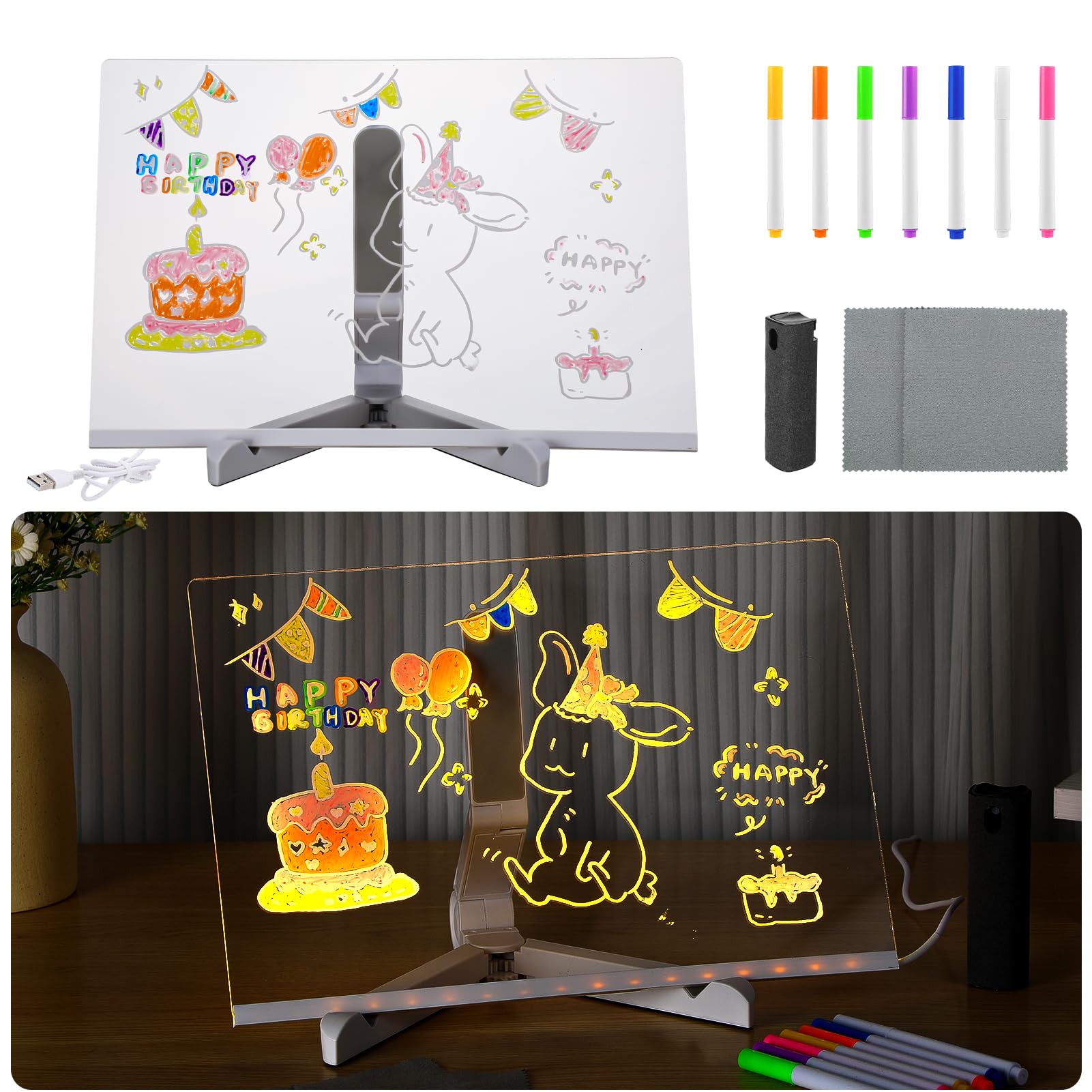 LED Acrylic Message Board with 7 Color Pens - Light Up Dry Erase Whiteboard for Kids & Office - 11.8