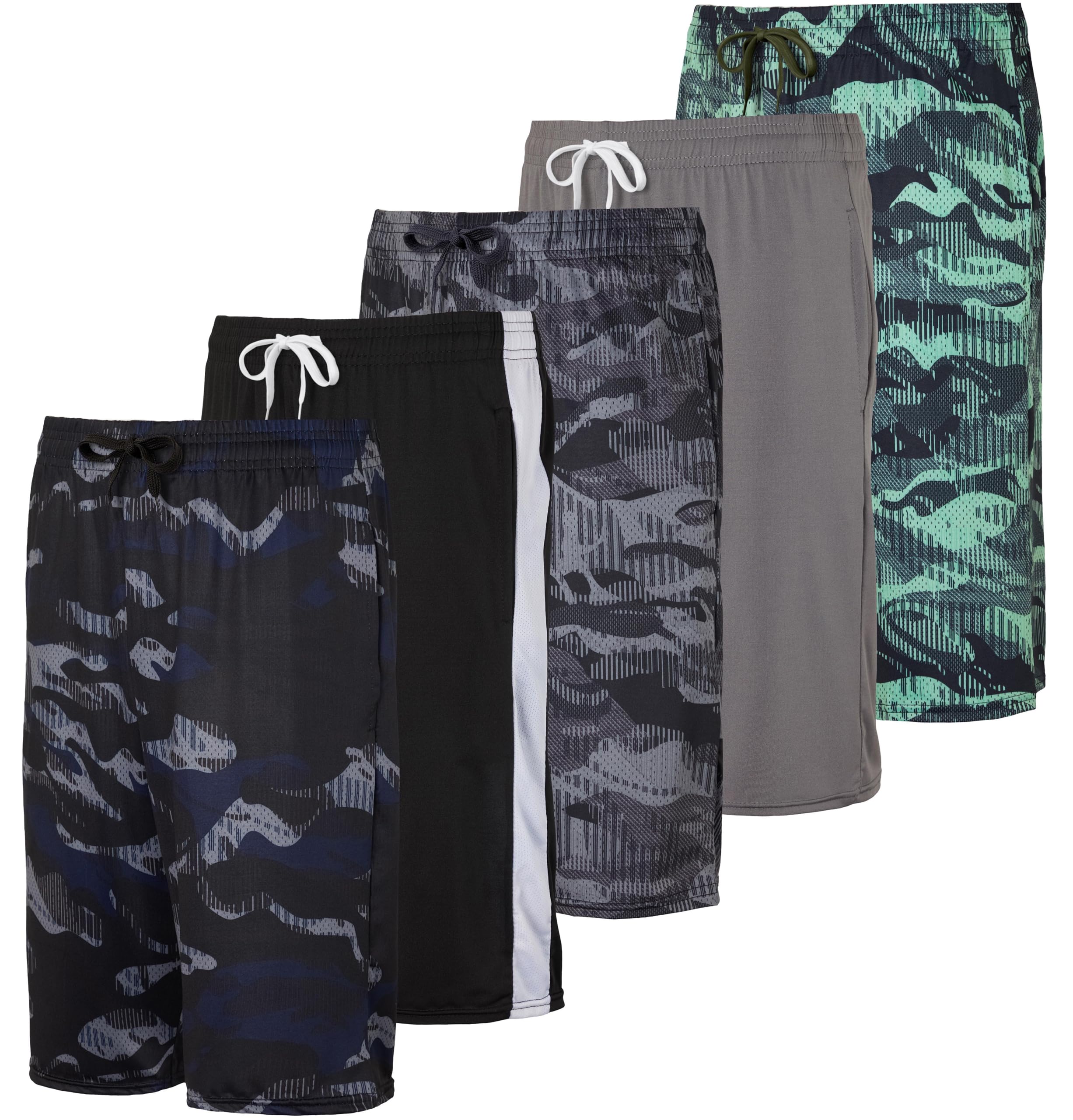 Real Essentials 5-Pack Boys' Dry-Fit Active Athletic Performance Basketball Shorts with Pockets - Perfect for Sports, Gym & Casual Wear