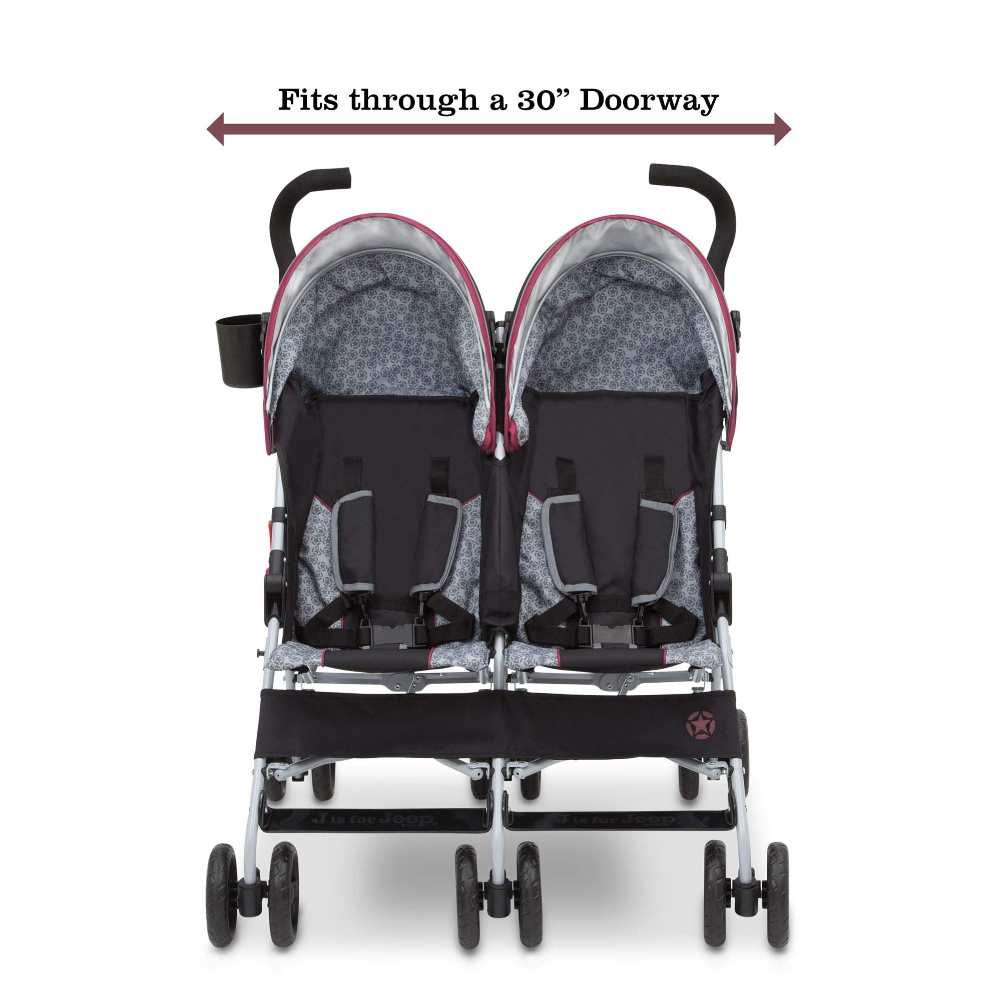 Jeep Scout Double Stroller for Toddlers - Lightweight Side by Side Baby Stroller with Canopy & Storage Basket, Lunar Burgundy - Perfect for Twins, Siblings or Daycare Use at Parks, Malls & Outdoor Adventures