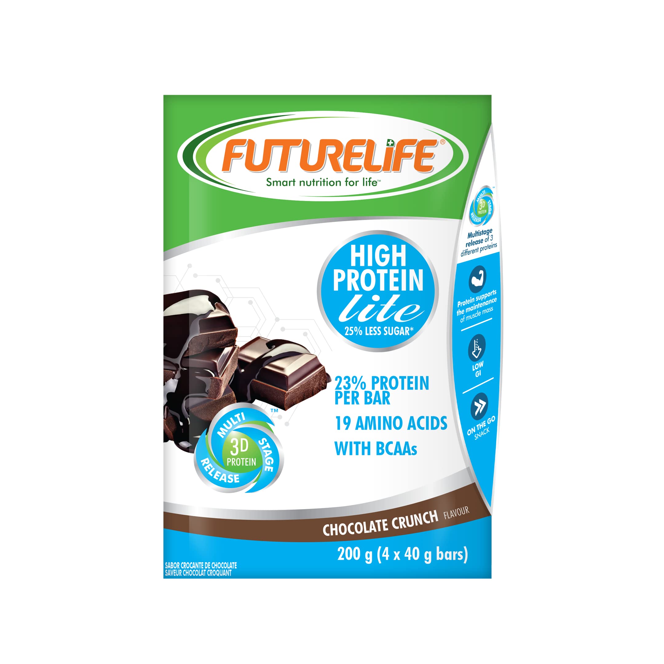 FUTURELIFE Smart Protein Bars - High Protein & Lite Snack, 50g/1.76oz per Bar, 25% Protein, 19 Amino Acids, Slow Release Energy, Low GI (Chocolate Flavor, Pack of 4) - Perfect for Workouts, Hiking & Healthy On-the-Go Snacking
