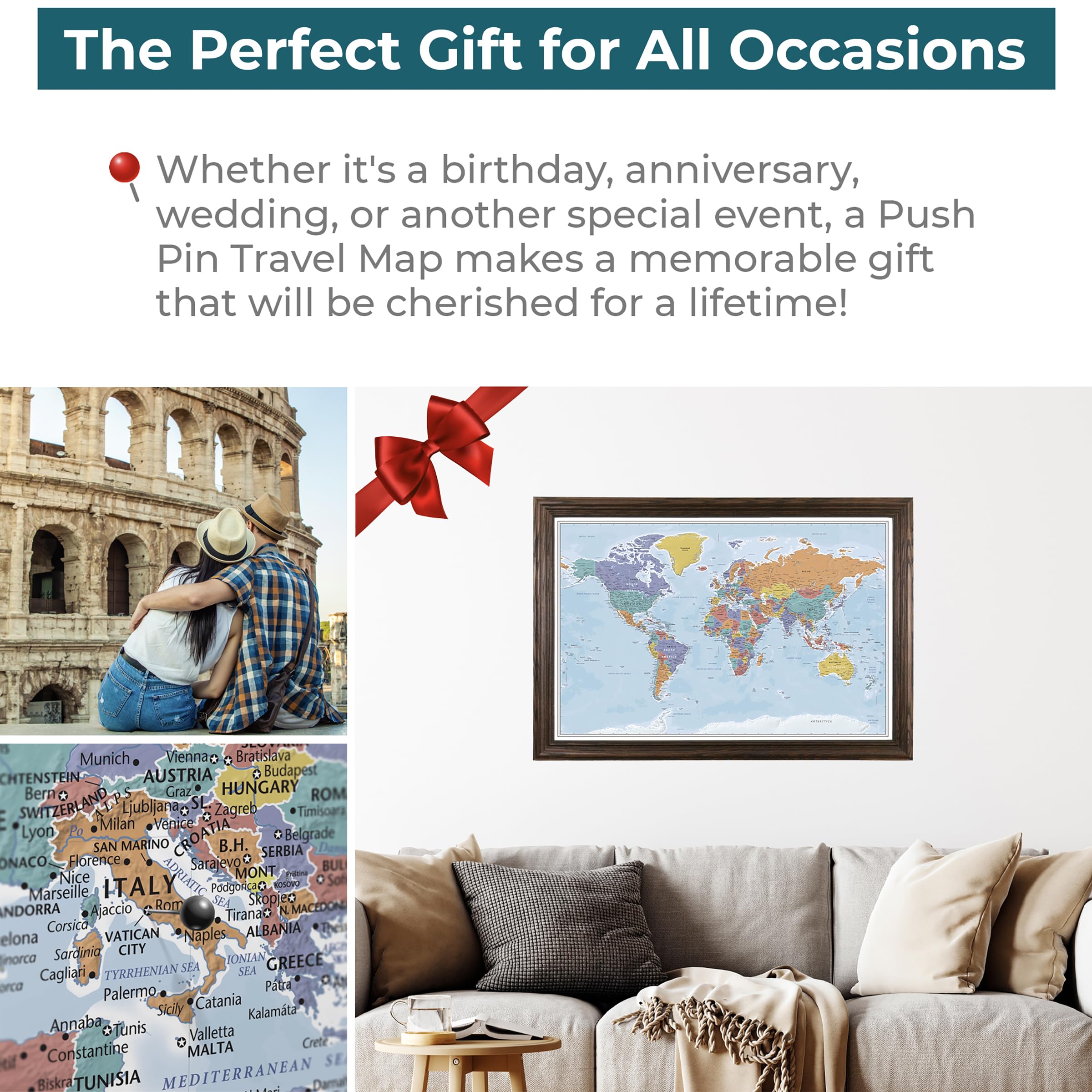 Personalized Blue Oceans World Push Pin Travel Map with Solid Wood Brown Frame - Perfect for Travel Enthusiasts, Home Decor & Office Wall Art