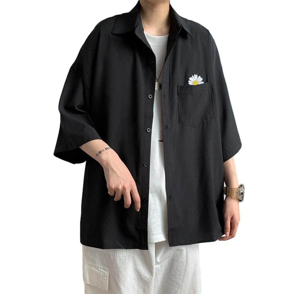 Men's Casual Short Sleeve Button Down Collar Shirt with Pocket - Summer Fashion Marguerite Print Shirt for Outdoor Activities, Travel and Daily Wear