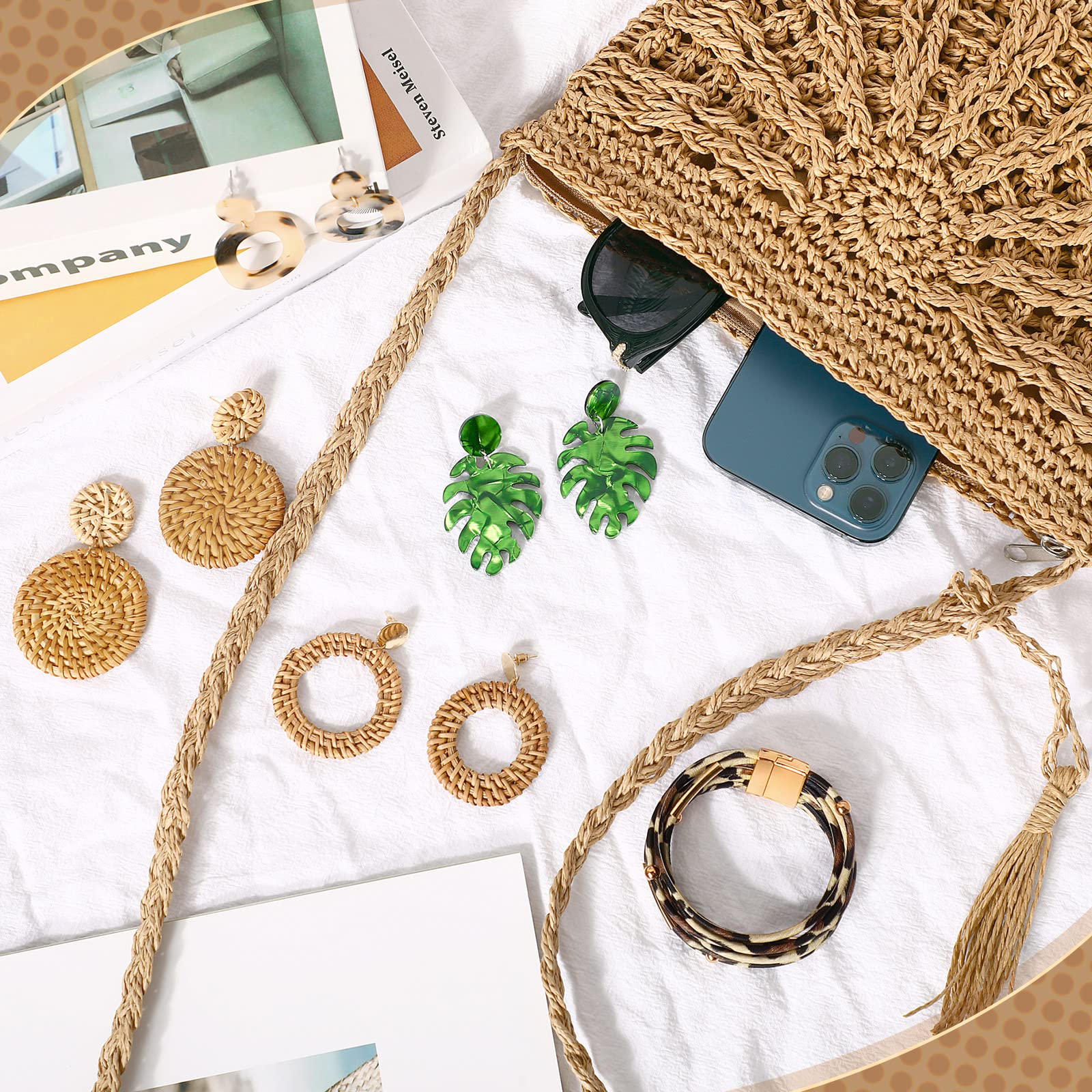 Boho Straw Shoulder Bag for Women - Crossbody Beach Purse Set with 4 Rattan Tropical Earrings & Leopard Bracelet | Vacation, Summer Outfits, Beach Accessories