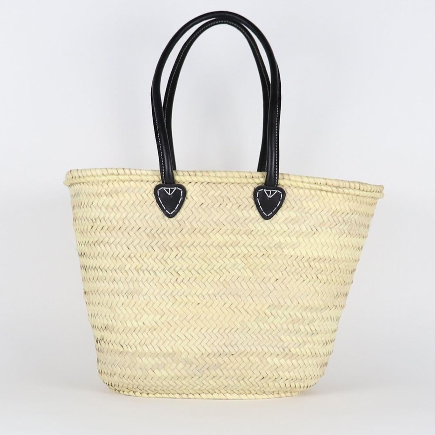 French Straw Basket Bag with Leather Handles - Eco-Friendly Woven Beach Tote, Market Shopping Basket, Natural Wicker Handbag (Brown) - Perfect for Beach Vacations, Farmers Markets & Boho Home Decor