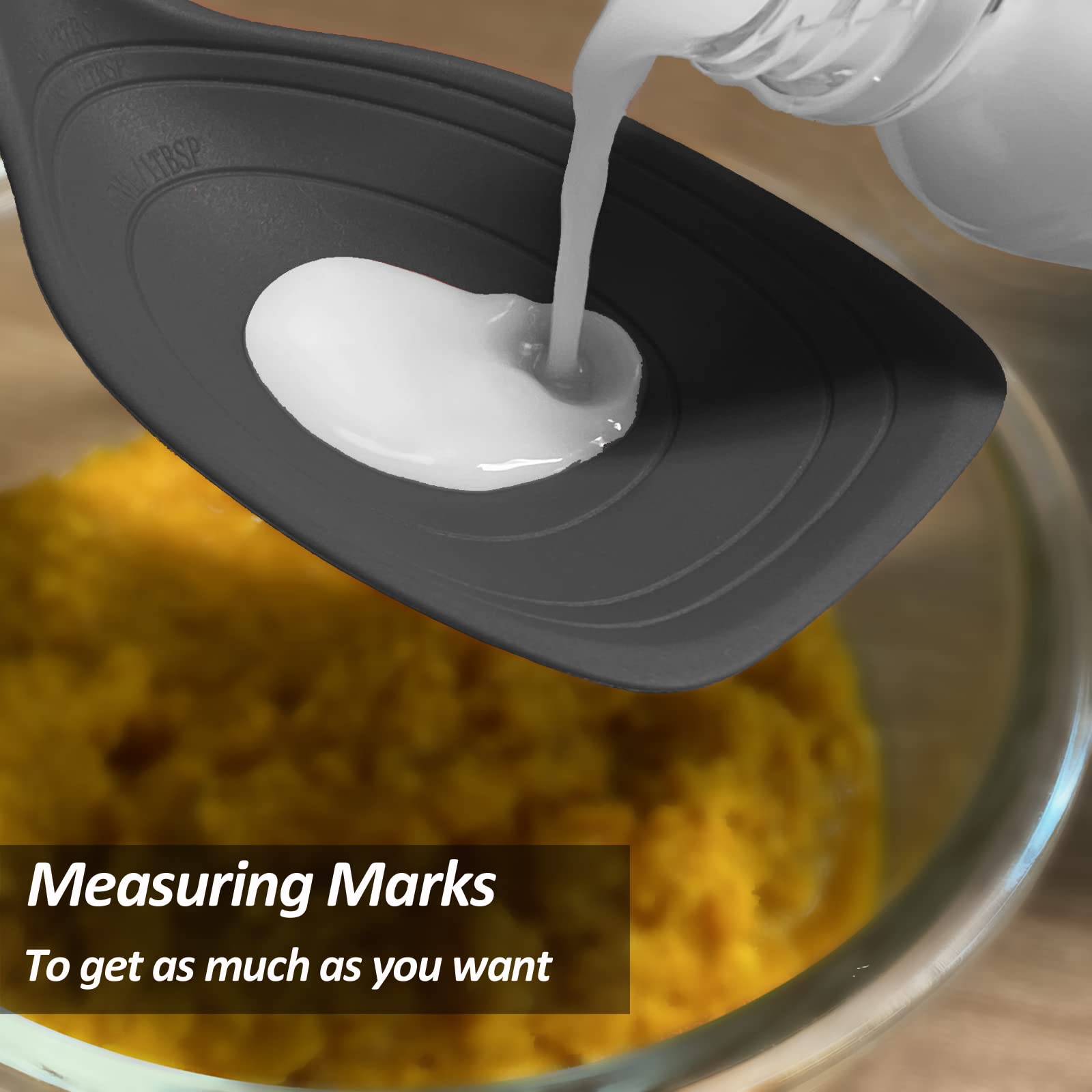 Large Silicone Cooking Spoon Set - Non-Stick Solid Kitchen Utensils with Deep Bowl & Measurement Marks for Mixing, Serving, Draining, Scooping & Scraping - Heat Resistant Black Spatula for Baking, Cooking & Meal Prep
