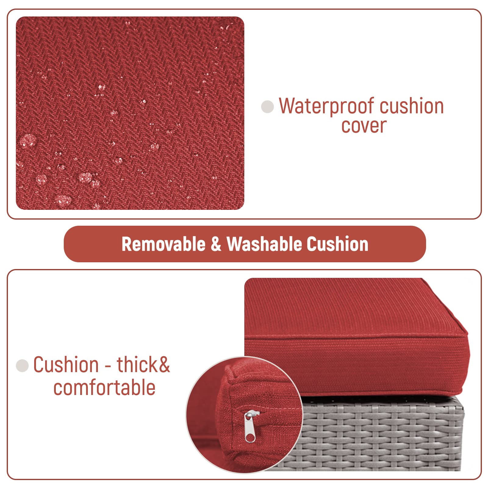 2-Piece Outdoor Ottoman Set - All-Weather Grey Wicker Footstool & Footrest with Removable Cushions - Patio Rattan Sectional Furniture for Balcony, Backyard, Garden - Perfect for Relaxing, Entertaining & Outdoor Decor (Red)