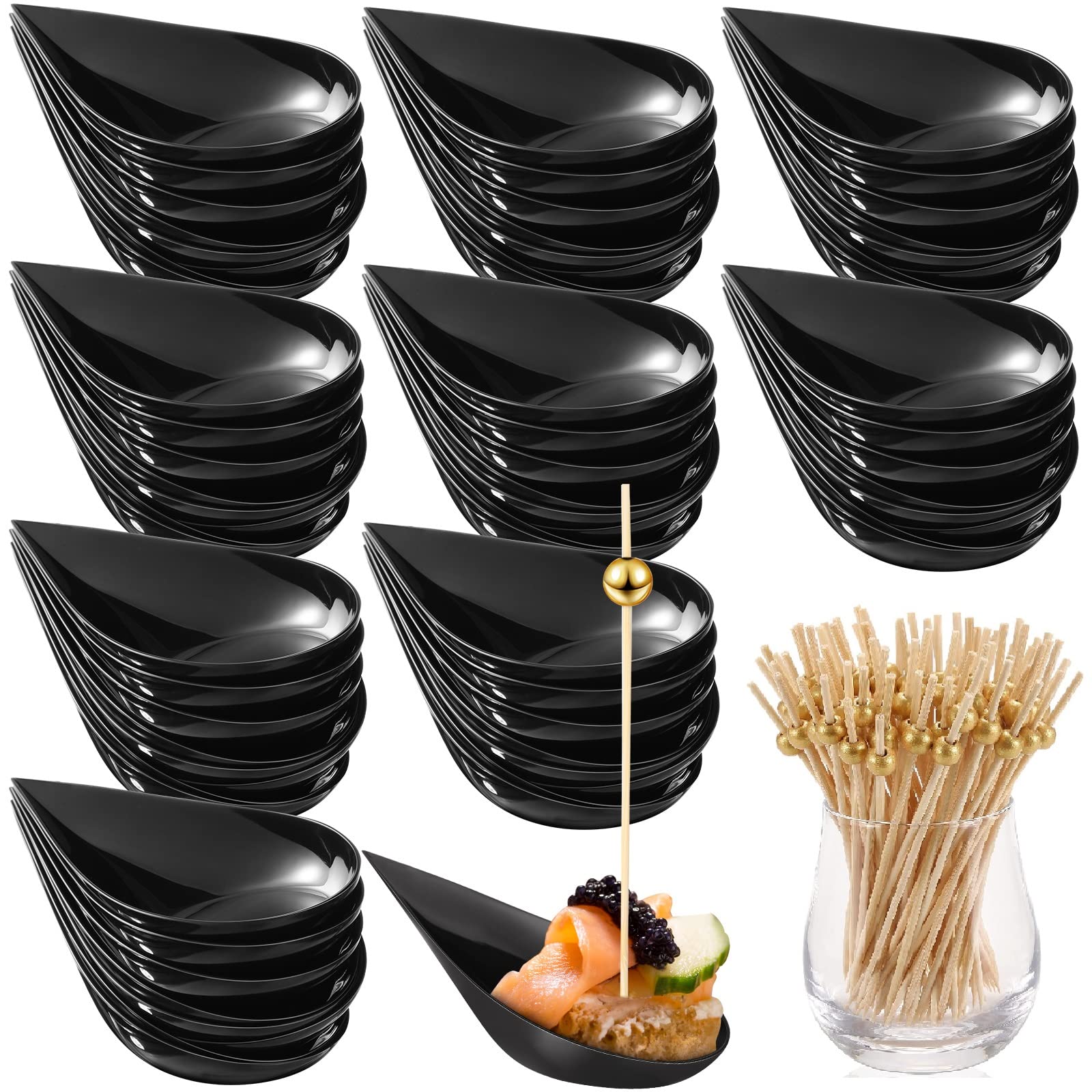 400 Pcs 4 Inch Black Tear Drop Mini Appetizer Plates & 200 Plastic Tasting Spoons with 200 Pearl Toothpicks - Elegant Catering Supplies for Wedding, Party, Cocktail Events - Perfect for Hors d'oeuvres, Desserts, and Finger Food Serving