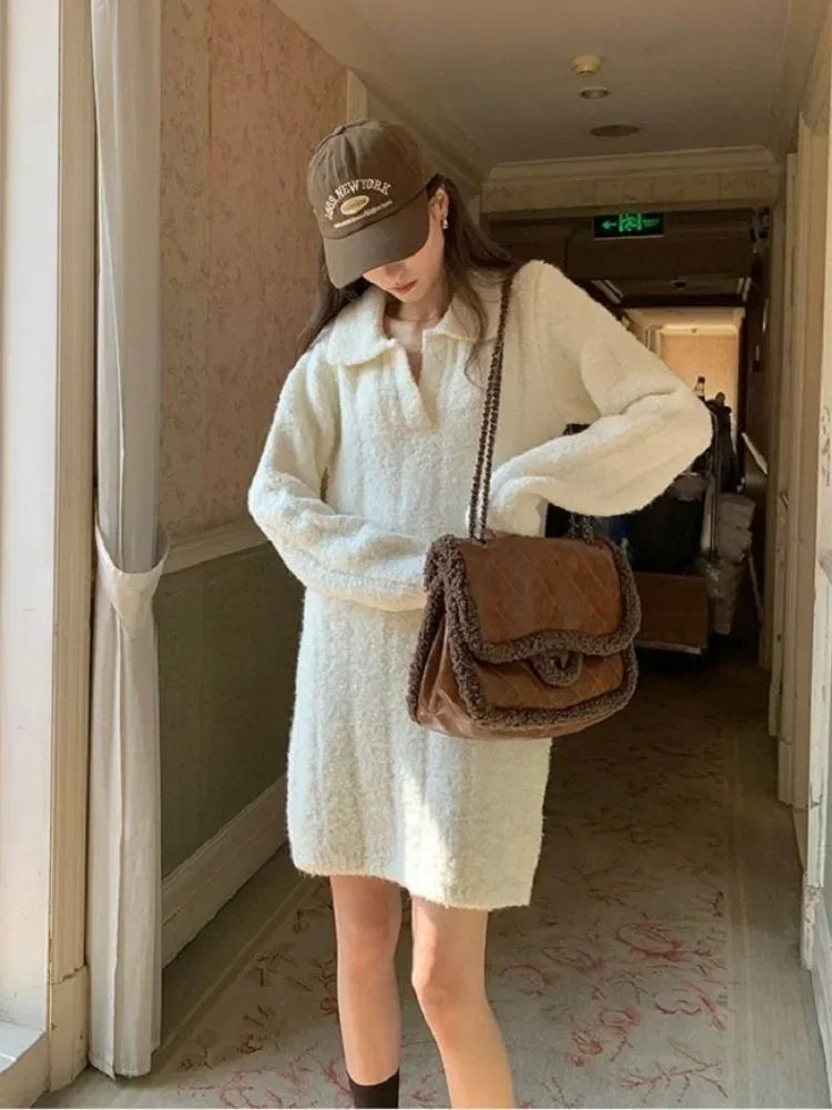 Vintage Y2K Knitted Sweater Dress for Women - Warm Winter Mini Dress with Long Sleeves in White | Elegant Fall & Winter Outfits, Party Wear, Casual Office Fashion