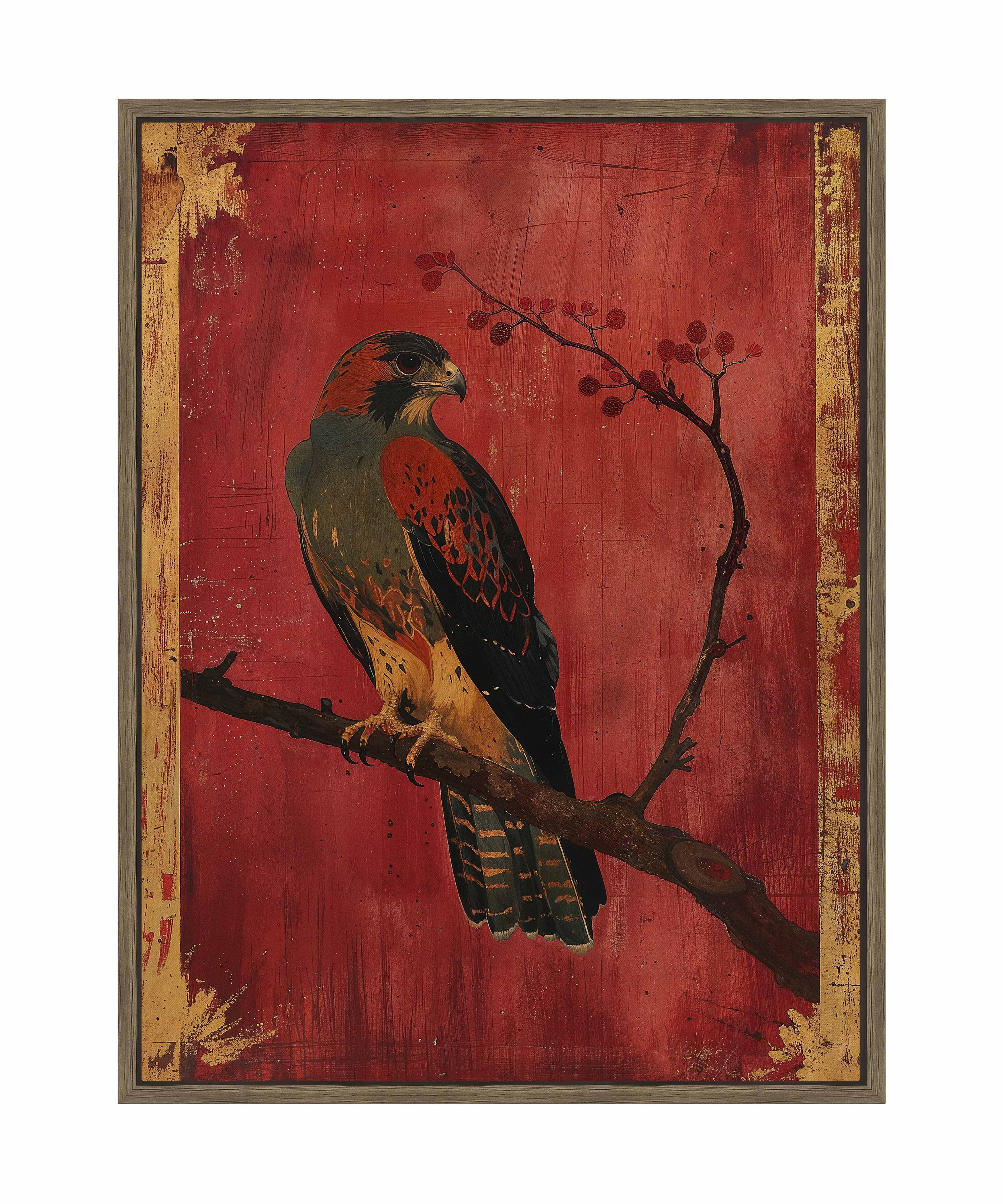 Crimson Majesty Falcon of the Silk Road Wall Art - Handmade Gallery Wrapped Canvas Painting for Living Room, Bedroom & Office Decor