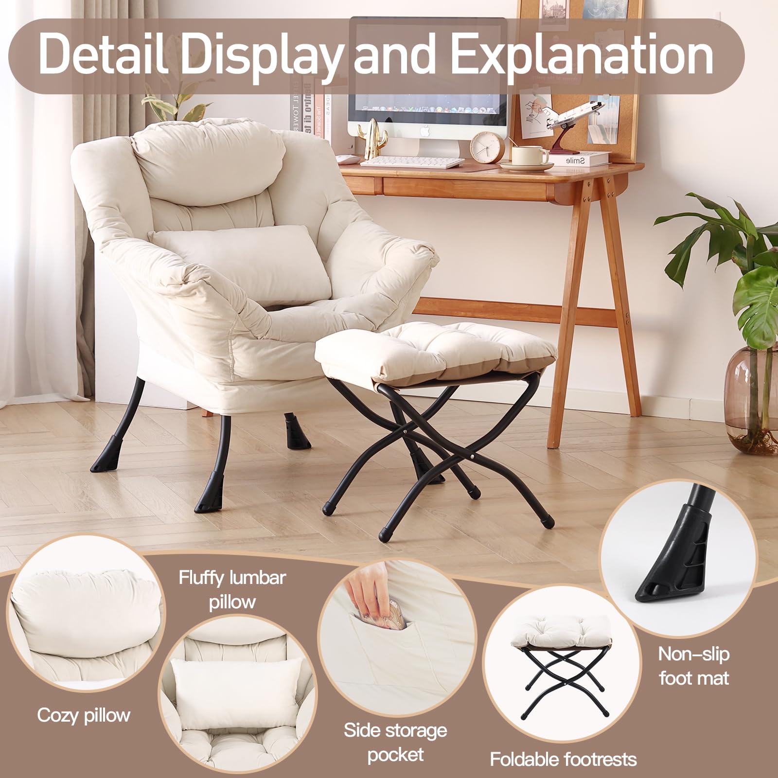 Modern Velvet Beige Lazy Chair with Ottoman - Oversized Supportive Lounge Chair with Lumbar Pillow & Folding Footrest - Perfect for Bedroom, Living Room, Reading Nook & Relaxation