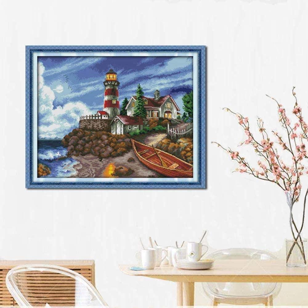 ZDDPTMZ 11CT Pre-Printed Cross Stitch Kit for Beginners - Seaside Lighthouse Embroidery DIY Craft, 16x20 Inch Needlepoint Supplies, Adults Gift, Home Wall Decor, Stress Relief & Mindfulness Activity