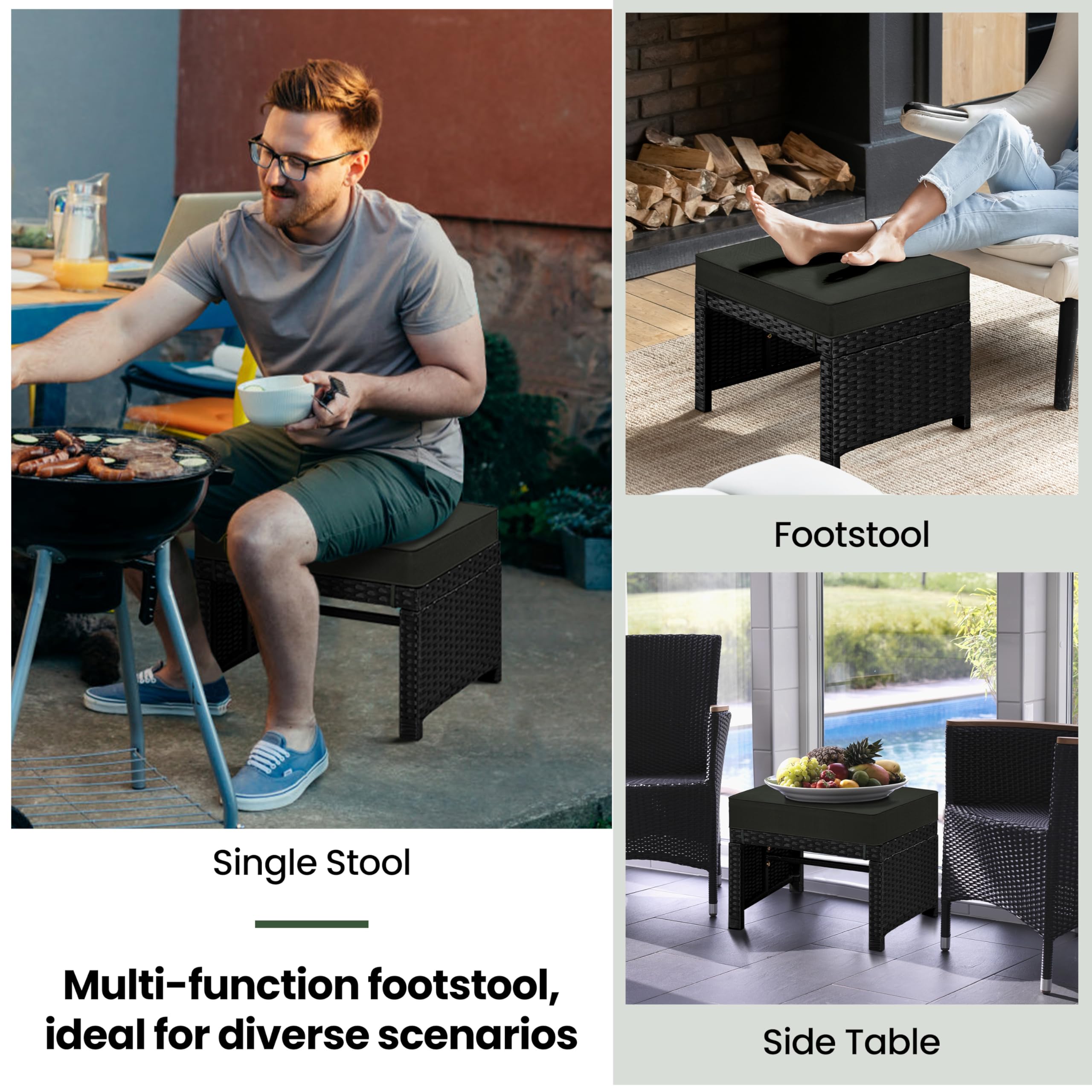 Yaheetech 2-Piece Wicker Ottoman Set with Removable Cushion - PE Rattan Footrest & Side Table, Multipurpose Outdoor Furniture for Patio, Backyard, Garden or Poolside - Black/Gray