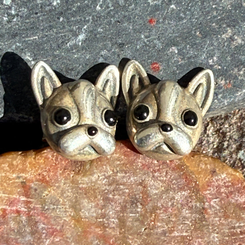 Tiny Frenchie Dog Pierced Stud Earrings - Sterling Silver & Black Glass for Women | Cute French Bulldog Jewelry Gift for Pet Lovers | Perfect for Casual Wear, Date Night & Everyday Fashion