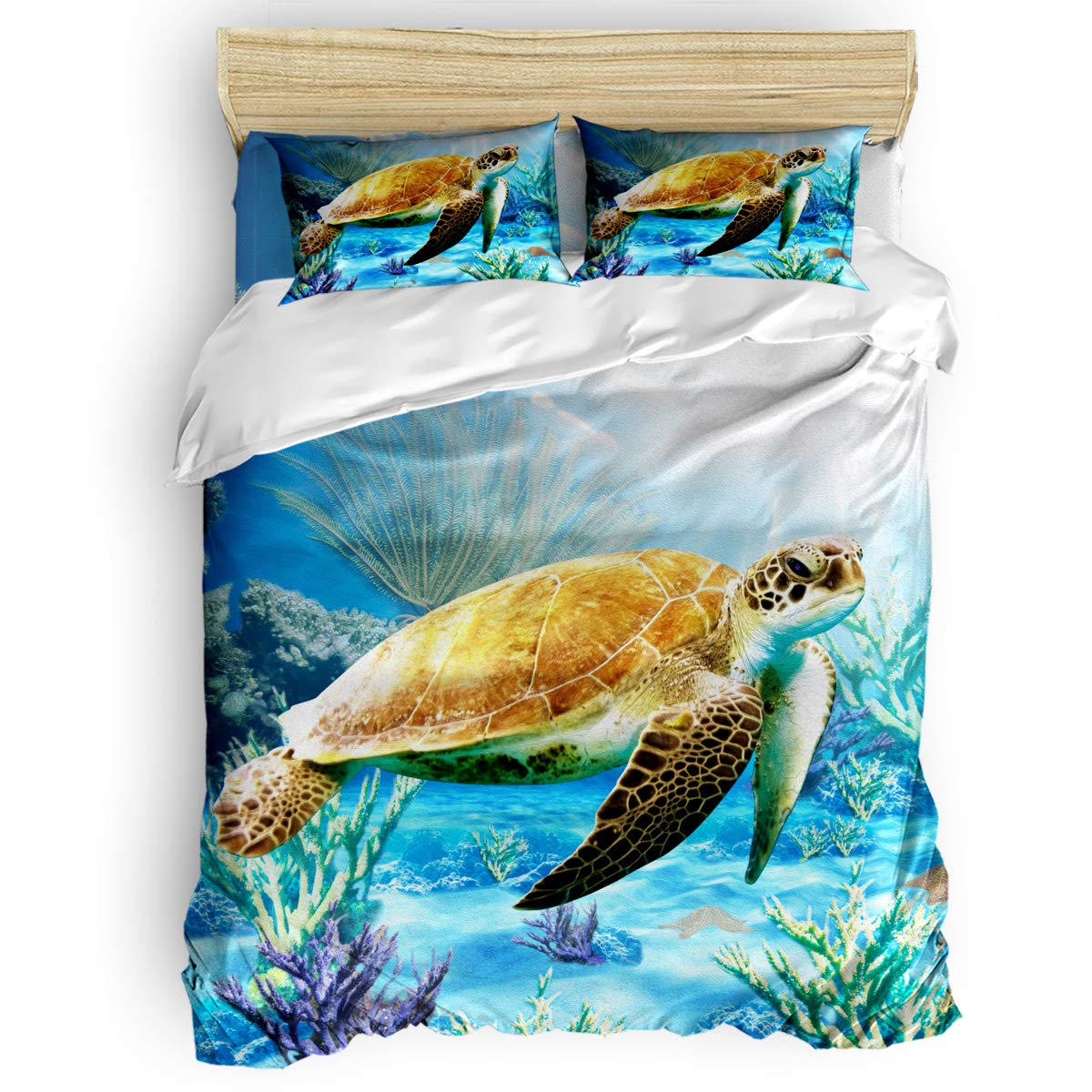 Printed Duvet Cover Set 4-Piece King Size - Ocean Turtles & Corals Sea Creature Design | Soft Quilt Bedding Set with Duvet Cover, Fitted Sheet & Pillow Shams | Perfect for Kids & Adults Bedrooms, Beach House Decor