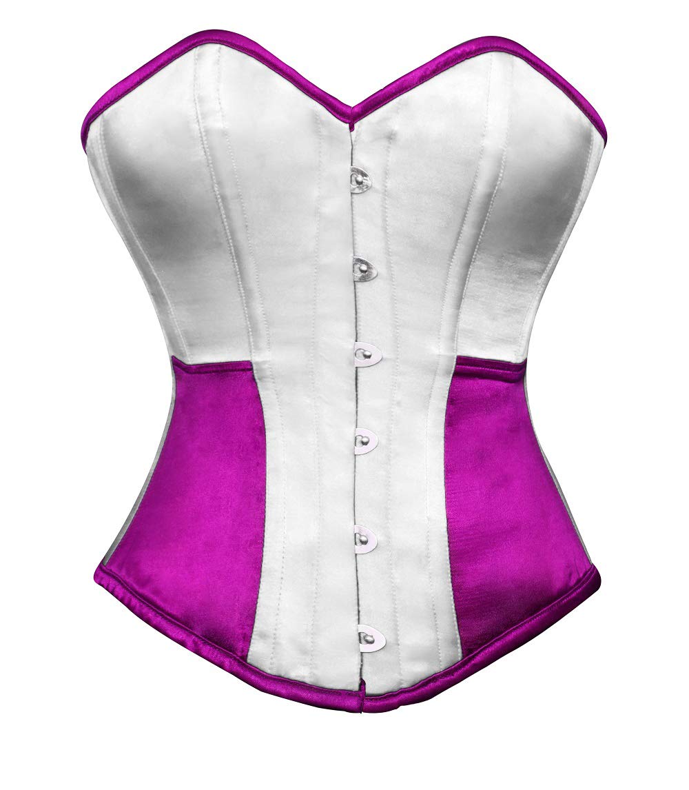 White & Purple Satin Gothic Corset Dress - Overbust Burlesque Costume for Halloween, Cosplay & Lingerie | Perfect for Halloween Parties, Burlesque Shows & Gothic Fashion