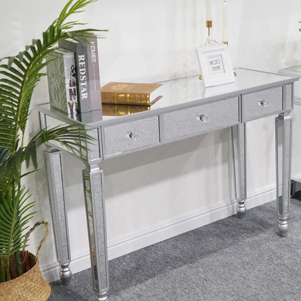 Modern Mirrored Finish Sofa Console Table with 3 Drawers & Crystal Knobs - Vanity Desk, Makeup Dressing Table, Home Office Writing Desk - Perfect for Living Room, Bedroom, Bathroom, Hallway & Entryway Decor