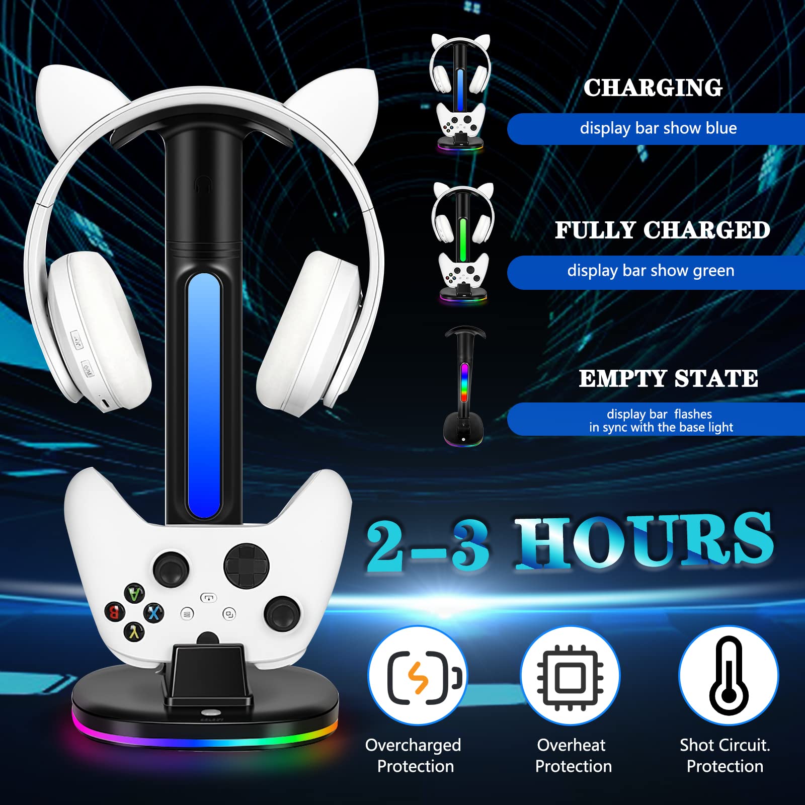 Xbox Controller Charger Station with RGB Headphone Stand - Dual USB Port Charging Dock for Xbox Series X|S, Elite 2, One X, One S & One Elite Controllers - Perfect Gaming Setup Accessory for Xbox Charging & Headset Organization