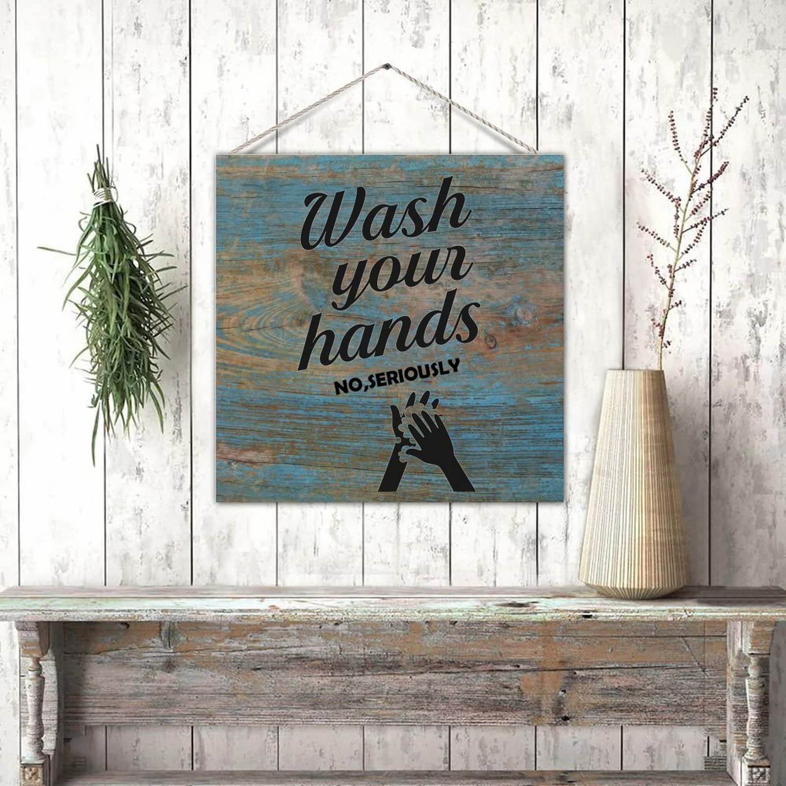Funny Wash Your Hands Wood Sign - Bathroom Wall Decor for Restroom & Home