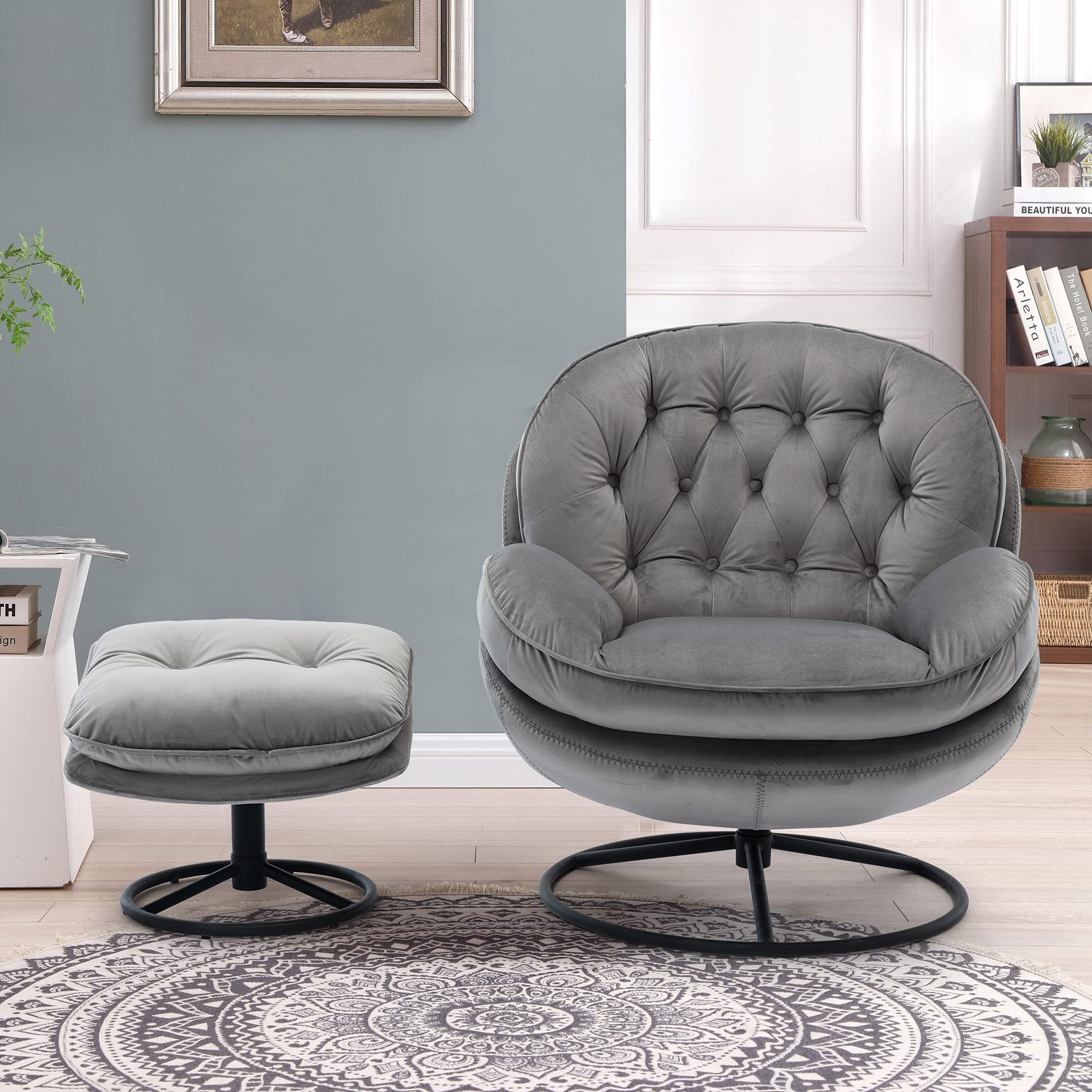 Modern Velvet Swivel Accent Chair with Ottoman Set - Gray Lounge Chair for Living Room, Home Office & Club - Metal Legs & Comfortable Seating - Perfect for Relaxing, Watching TV or Reading