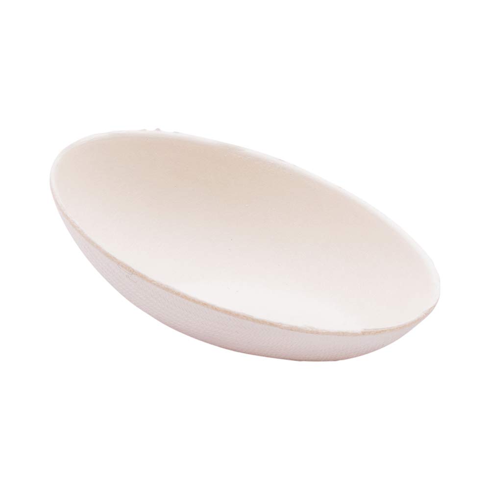 Restaurantware Pulp Tek 3.1 Inch Eco-Friendly Disposable Egg-Shaped Tasting Plates - 100-Pack White Bagasse Appetizer Dishes | Grease Resistant, Easy to Hold Mini Plates for Catering, Parties & Food Sampling Events