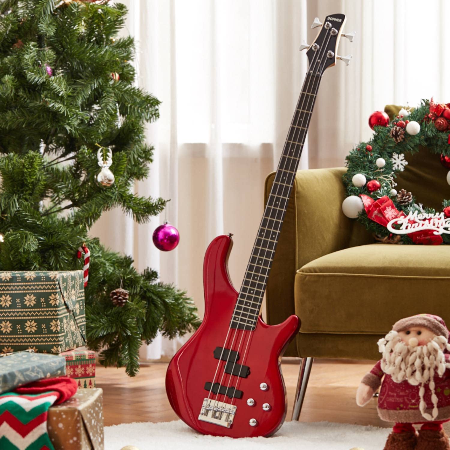 **Donner DPJ-100 4-String Full-Size Electric Bass Guitar for Adults – PJ-Style Pickups, Red with Gig Bag, Strap & Cable – Perfect for Beginners, Practice & Live Performances**