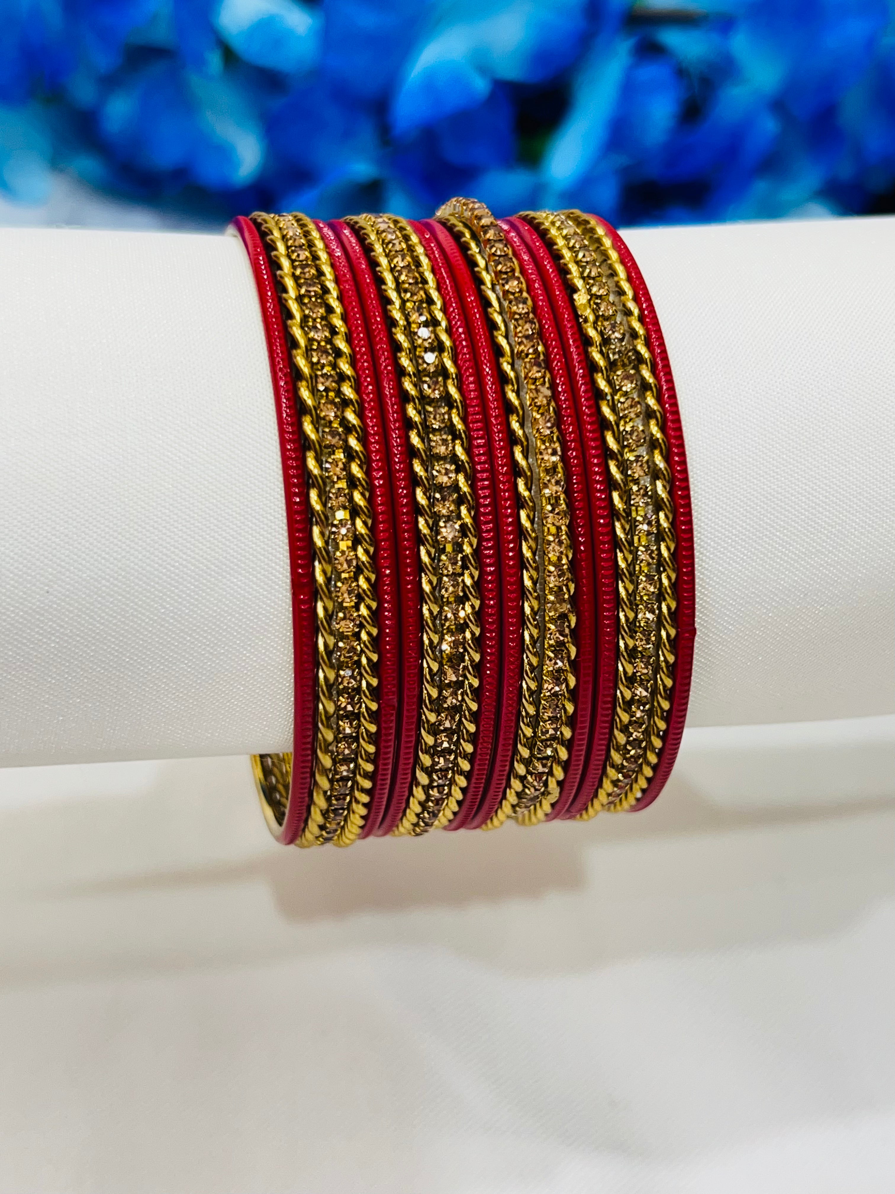 Elegant Red Metal Bangles with Glimmer Stones for Women | Stylish Fashion Jewelry for Parties, Weddings & Everyday Wear