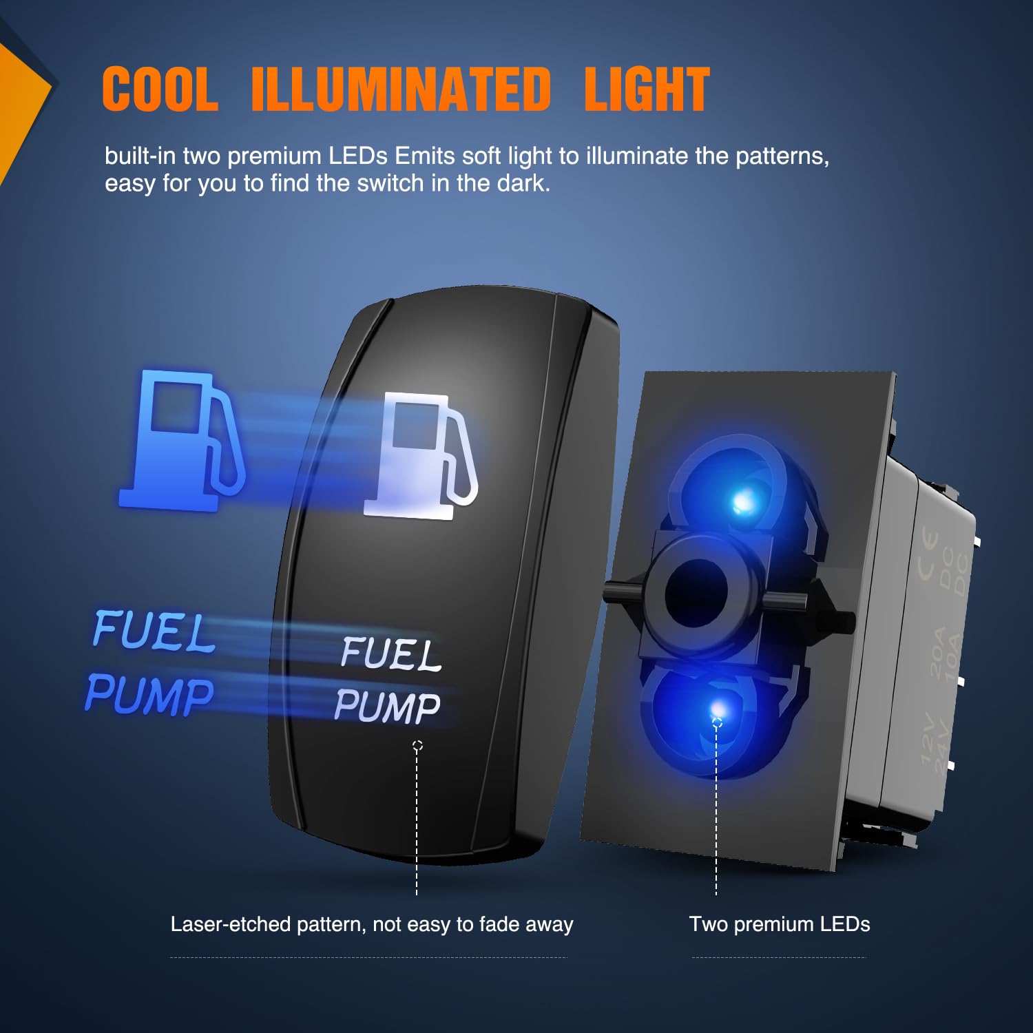 5Pin SPST Laser On/Off Rocker Switch for Fuel Pump - Blue LED Illuminated Automotive Toggle Switch - Perfect for Car, Boat, RV & Truck Electrical Systems