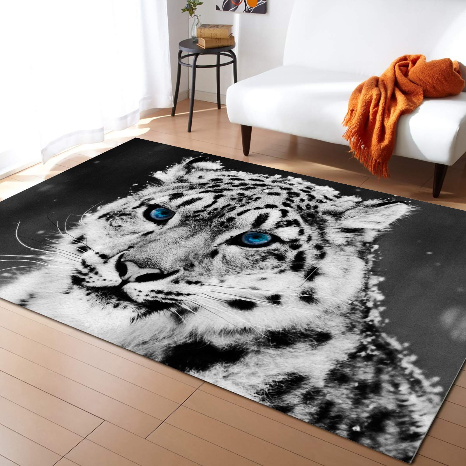 4'x6' Ferocious Tiger Snow Land Blue Eyes Beast Animal Modern Area Rug - Contemporary Low Profile Indoor Carpet for Bedroom, Living Room & Kids Room - Perfect for Home Decor, Cozy Spaces & Animal Lover Gifts
