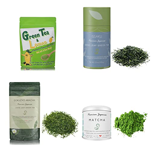 Premium Japanese Matcha, Issaku, Gokuzyo Aracha & Lemon Green Tea Powder - Organic, Non-GMO, Healthy Tea Choice for Weight Loss & Detox - Perfect for Morning Energy, Afternoon Relaxation & Tea Ceremonies