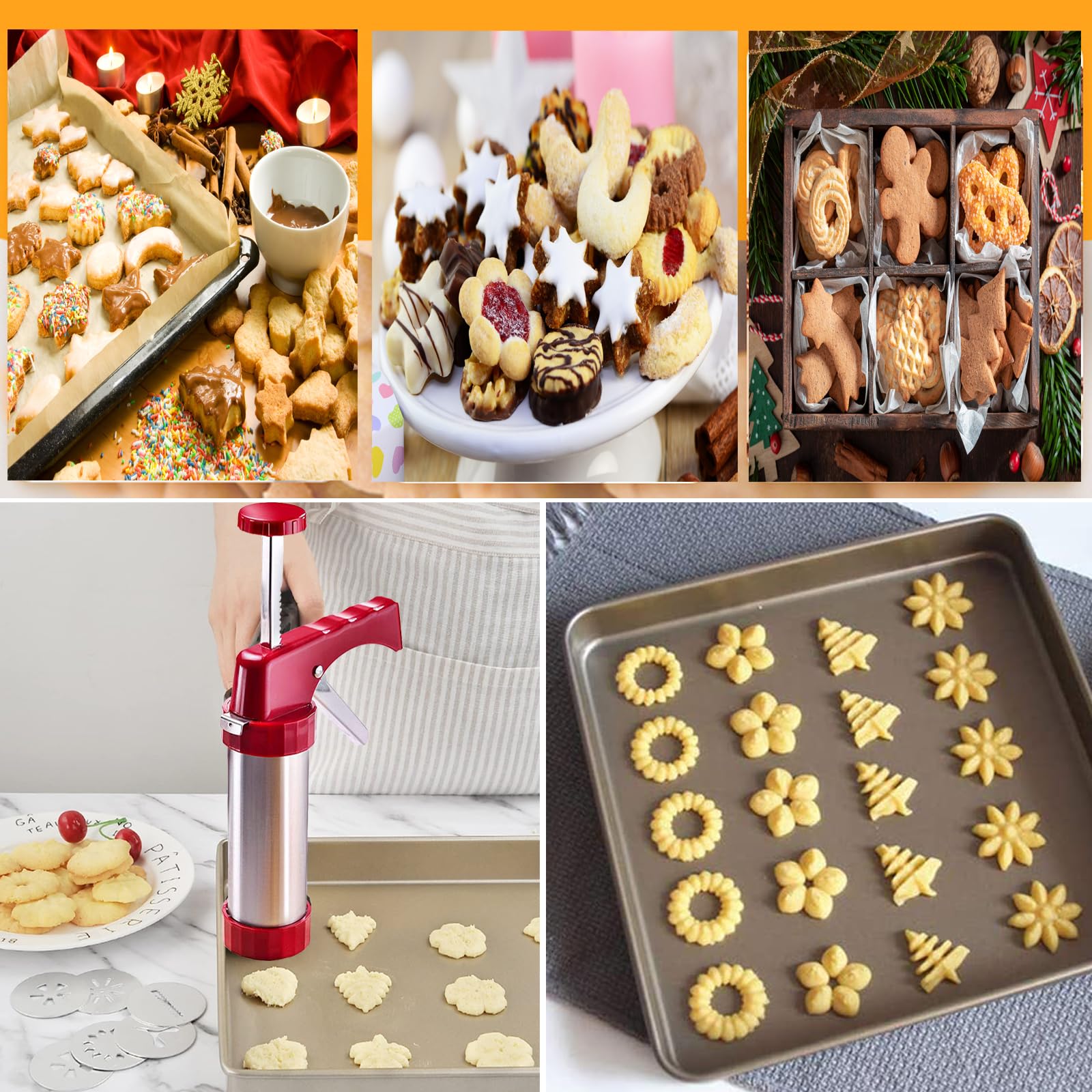 Stainless Steel Cookie Press Gun - 13 Decorative Stencil Discs & 8 Icing Tips for Baking Spritz Cookies | Deluxe Cookie Maker (8.7 Inch) - Perfect for Holiday Baking, Party Treats & Homemade Desserts