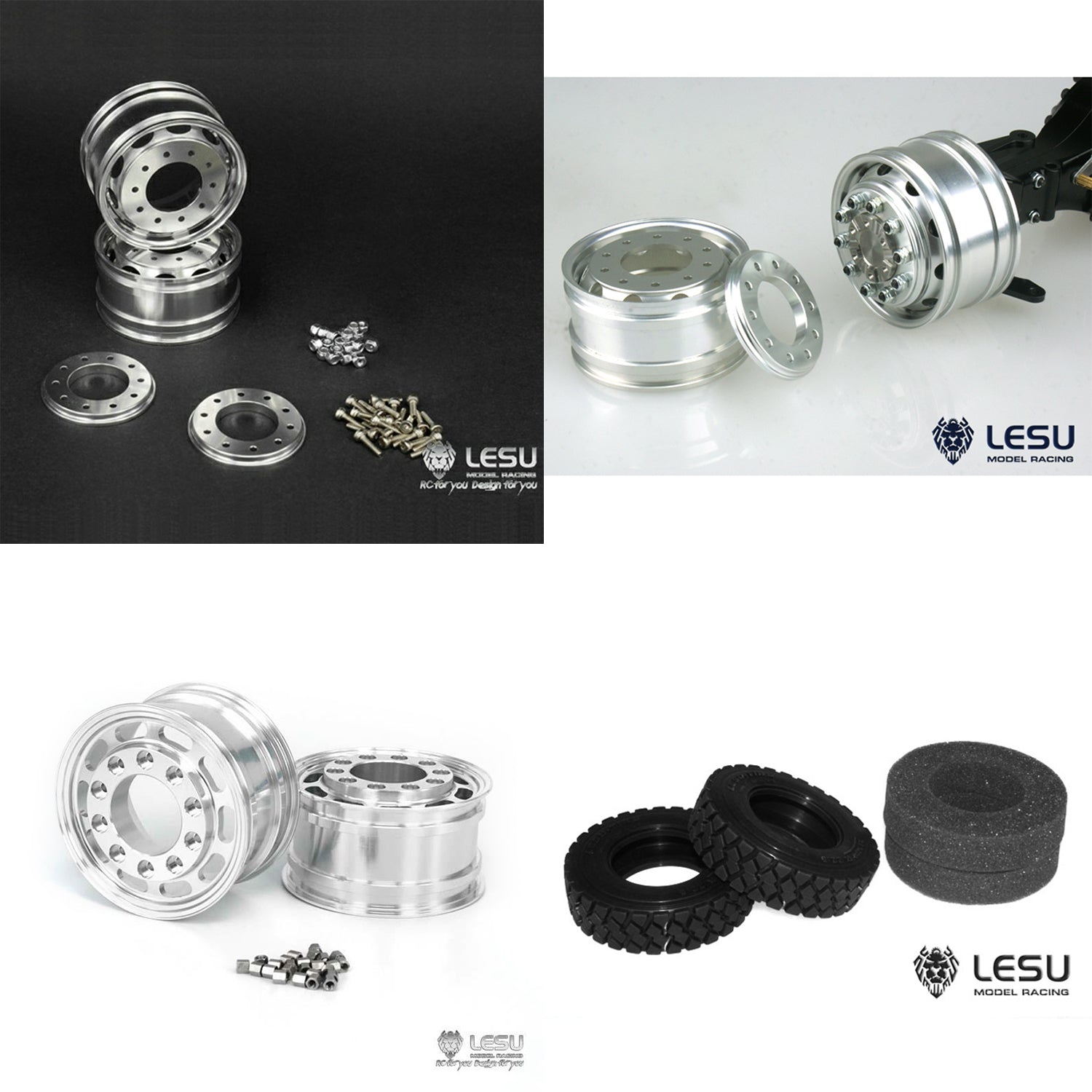 1/14 LESU RC Truck Metal Flange Front Wheel Hubs with Rubber Tires - Replacement Parts for Dumper Tractor & Model Cars | Off-Road, Construction Site & Heavy Duty Scenes