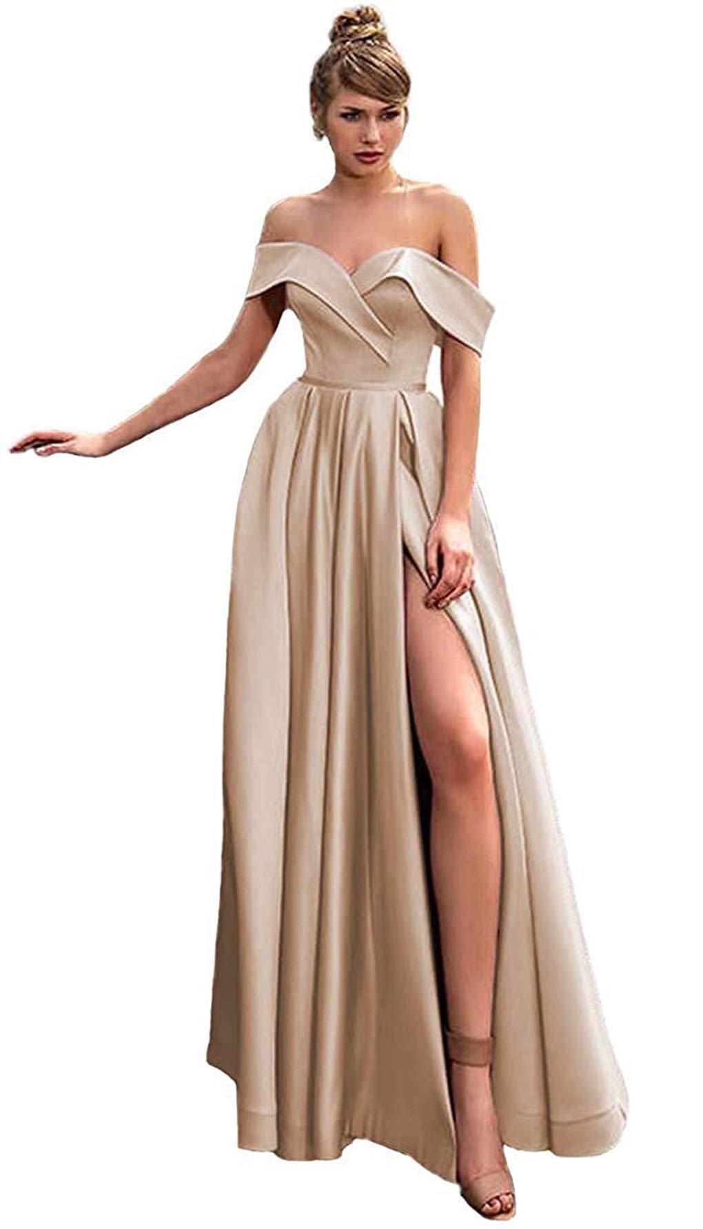 Elegant Off Shoulder Satin Prom Dress for Women - Long Split Formal Evening Ball Gown for Homecoming, Wedding, and Special Occasions