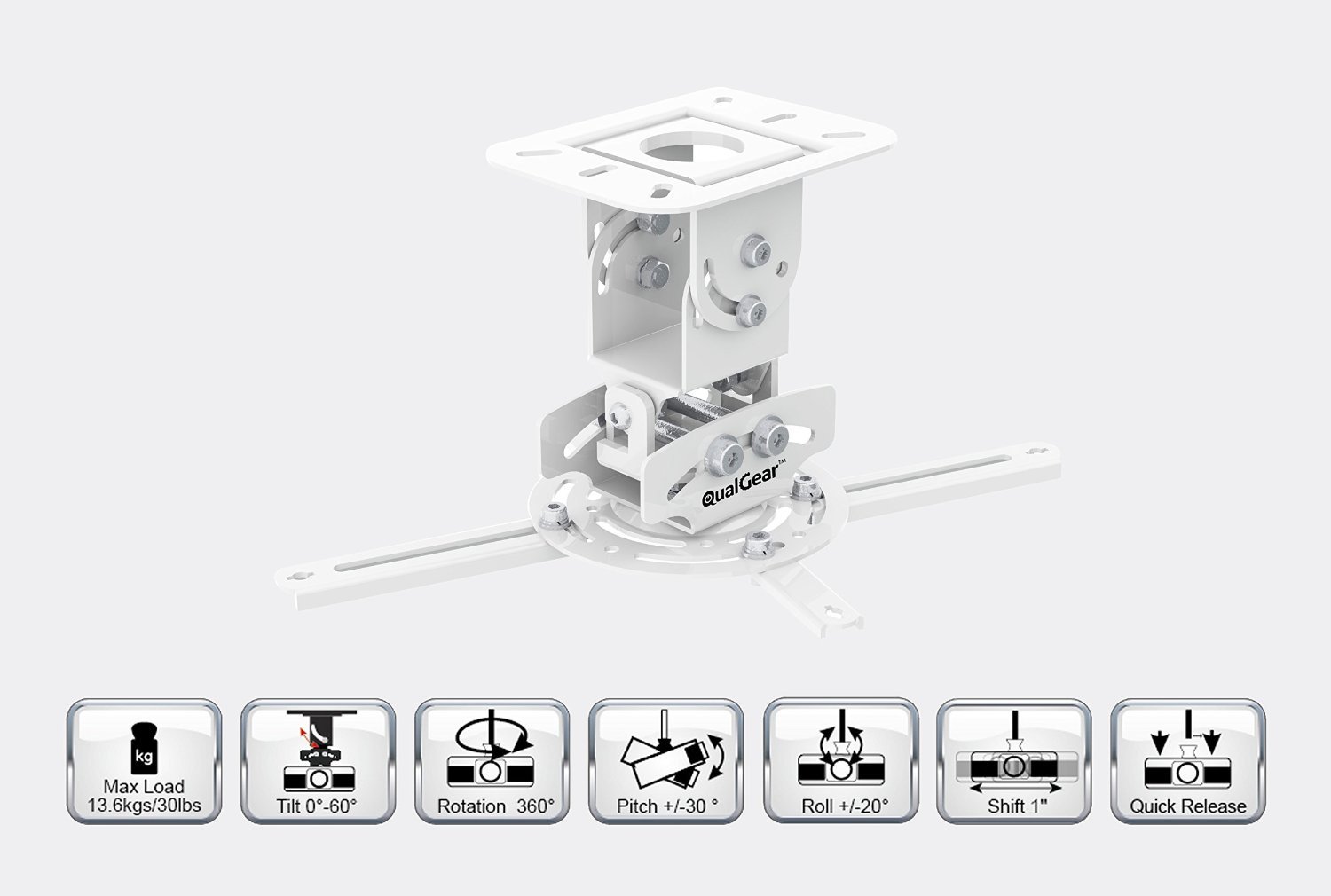 QualGear PRB-717-Wht Universal Ceiling Mount Bracket for Projectors - Secure Installation for Home Theater, Classroom & Office Presentations