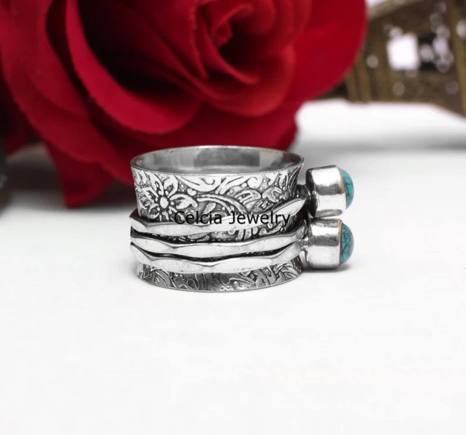 Turquoise Heart Spinner Ring for Women & Men - December Birthstone Jewelry, Fidget Anxiety Relief Ring, Thumb & Meditation Ring - Size 4 (Perfect for Stress Relief, Gift Giving & Spiritual Healing)