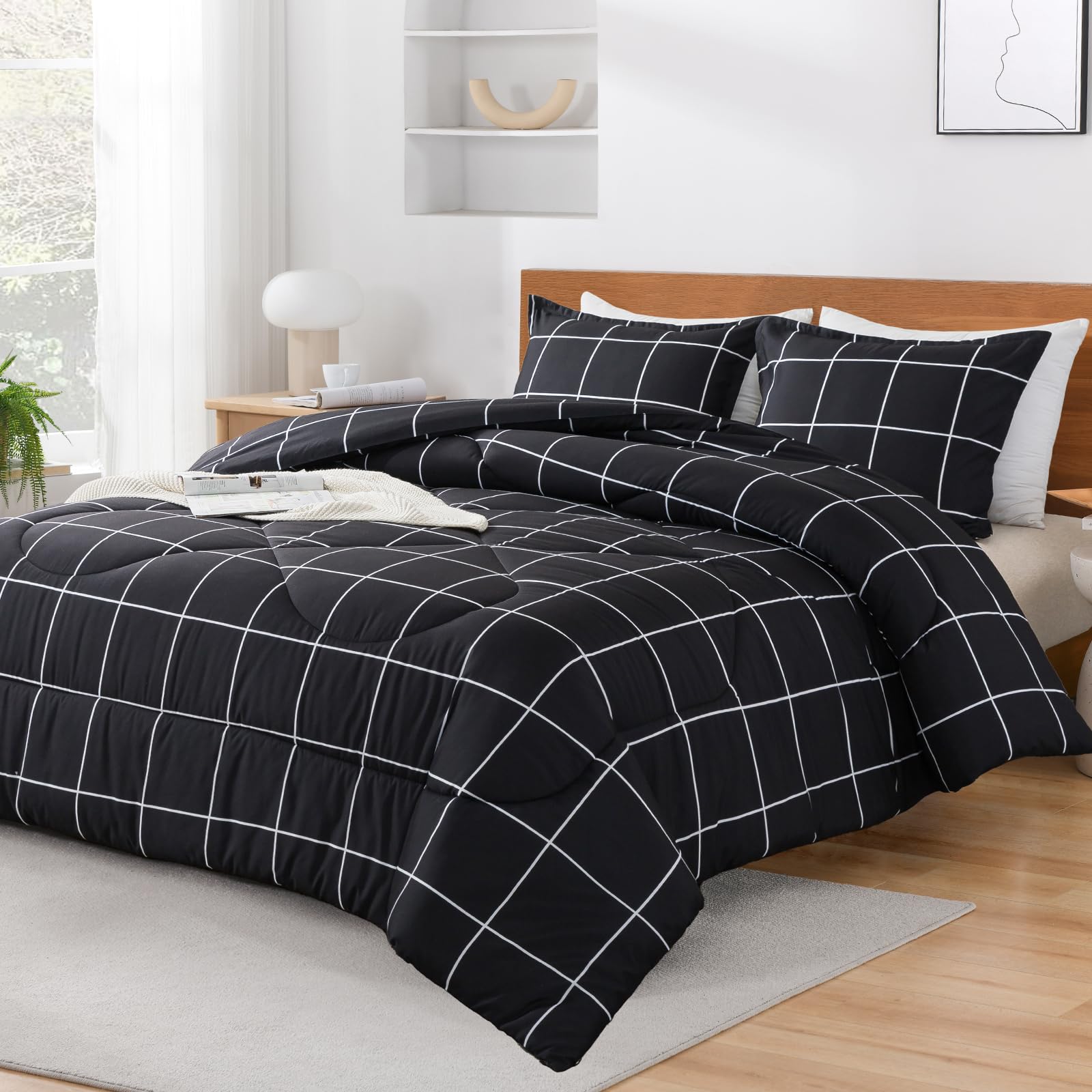 Andency Black Full Size 3-Piece Comforter Set - Plaid Grid Microfiber Bedding for Boys & Kids | All-Season Soft Lightweight Geometric Bedding Set | Perfect for Kids' Rooms, Dormitories & Guest Bedrooms