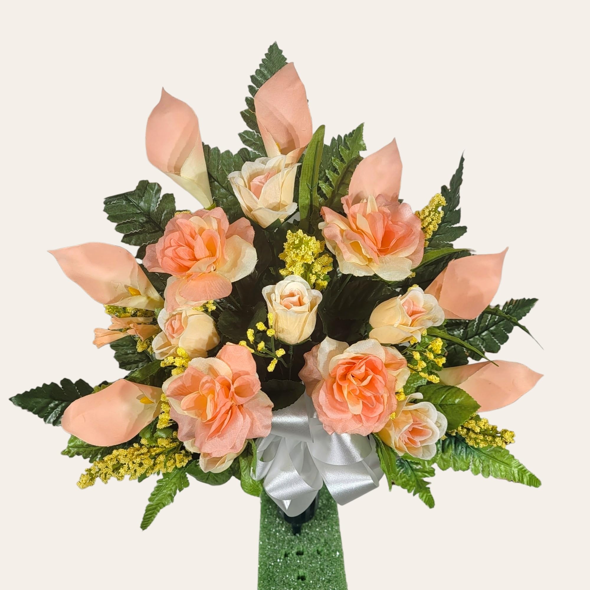 Realistic Artificial Cemetery Flowers - Silk Faux Peach Rose & Calla Lily Bouquet for Graves - 2 Headstone Decorations - Memorial Flowers for Gravesite, Funeral, Sympathy & Remembrance