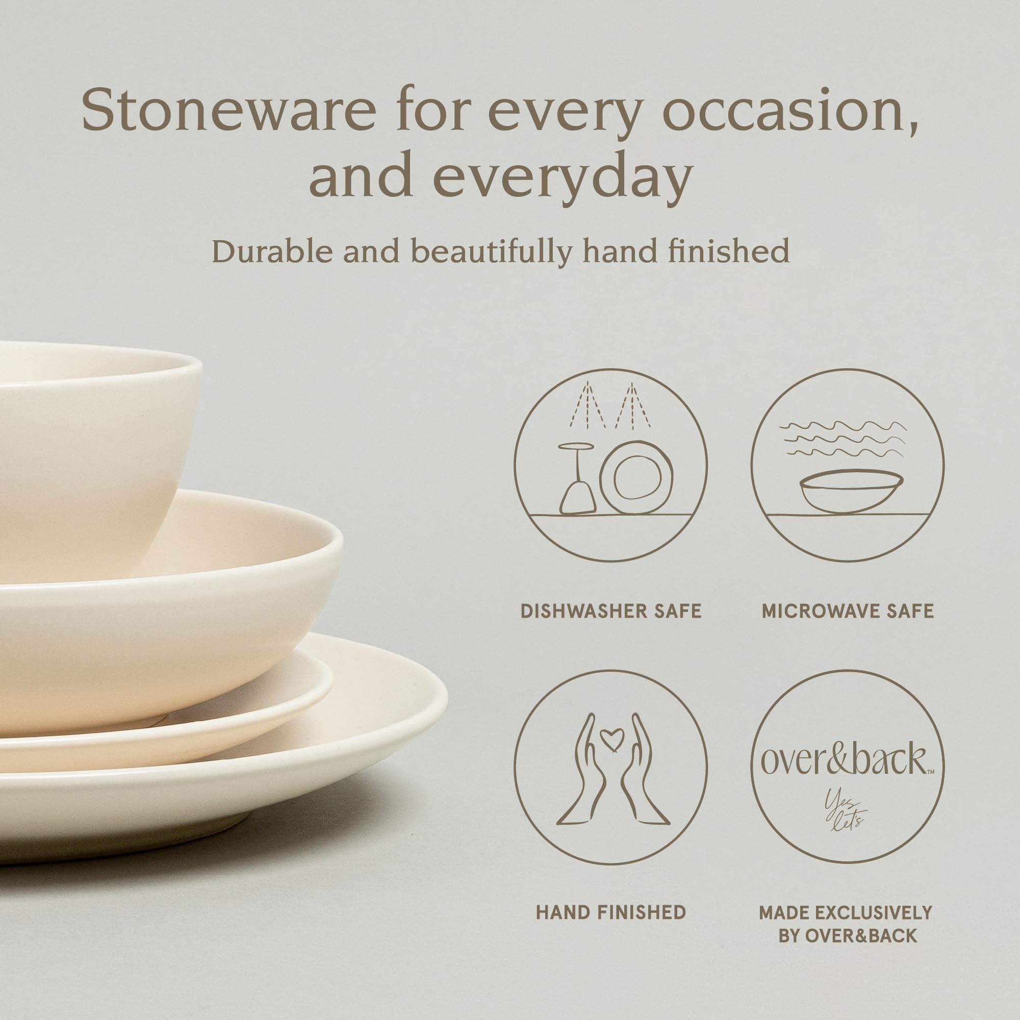 Over&Back Coupe 16-Piece Stoneware Dinnerware Set - 4 Dinner Plates, 4 Salad Plates, 4 Cereal Bowls & 4 Dinner Bowls - Semi-Matte Ivory Tableware for Everyday Dining, Family Gatherings & Special Occasions