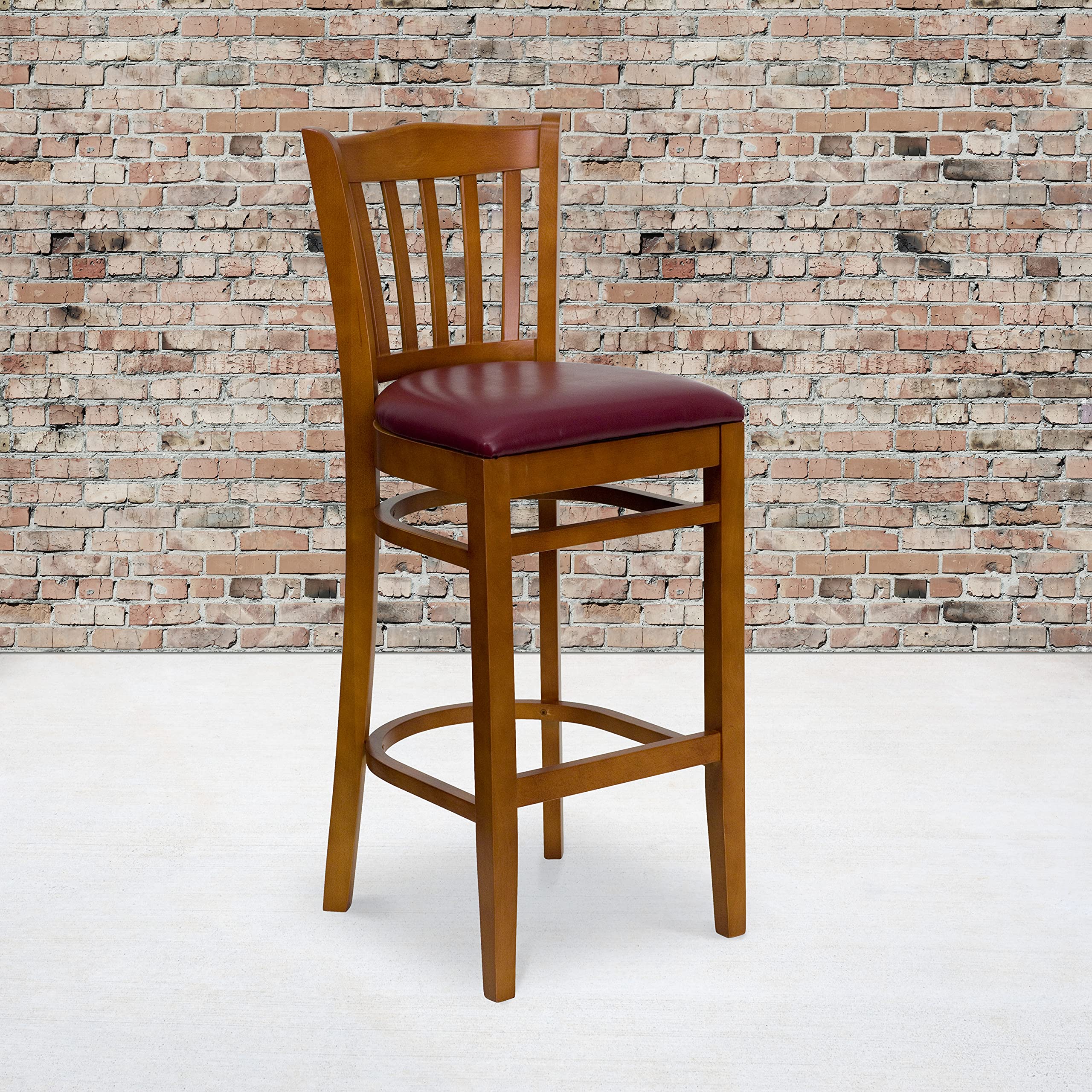 Cherry Wood Bar Stool with Vertical Slat Back & Burgundy Vinyl Seat - Perfect for Kitchen Islands, Breakfast Bars & Home Decor