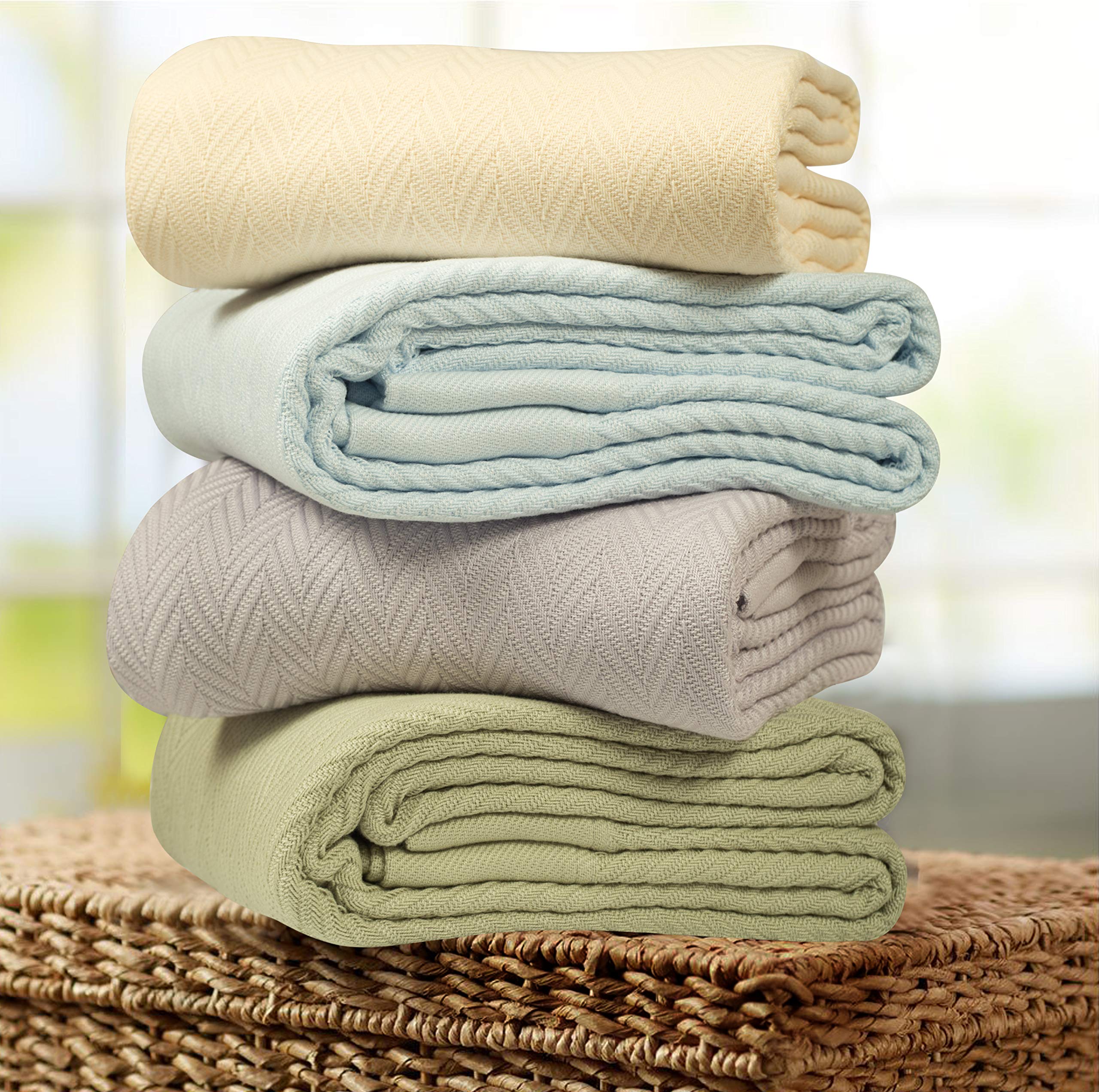 Premium 100% Cotton Twin Size Blanket - All-Season Soft & Cozy Herringbone Thermal Blanket (68x92 inches, 350GSM) | Light Blue Luxury Bed Blanket for Home, Dorm, Guest Room & Cozy Fall Nights