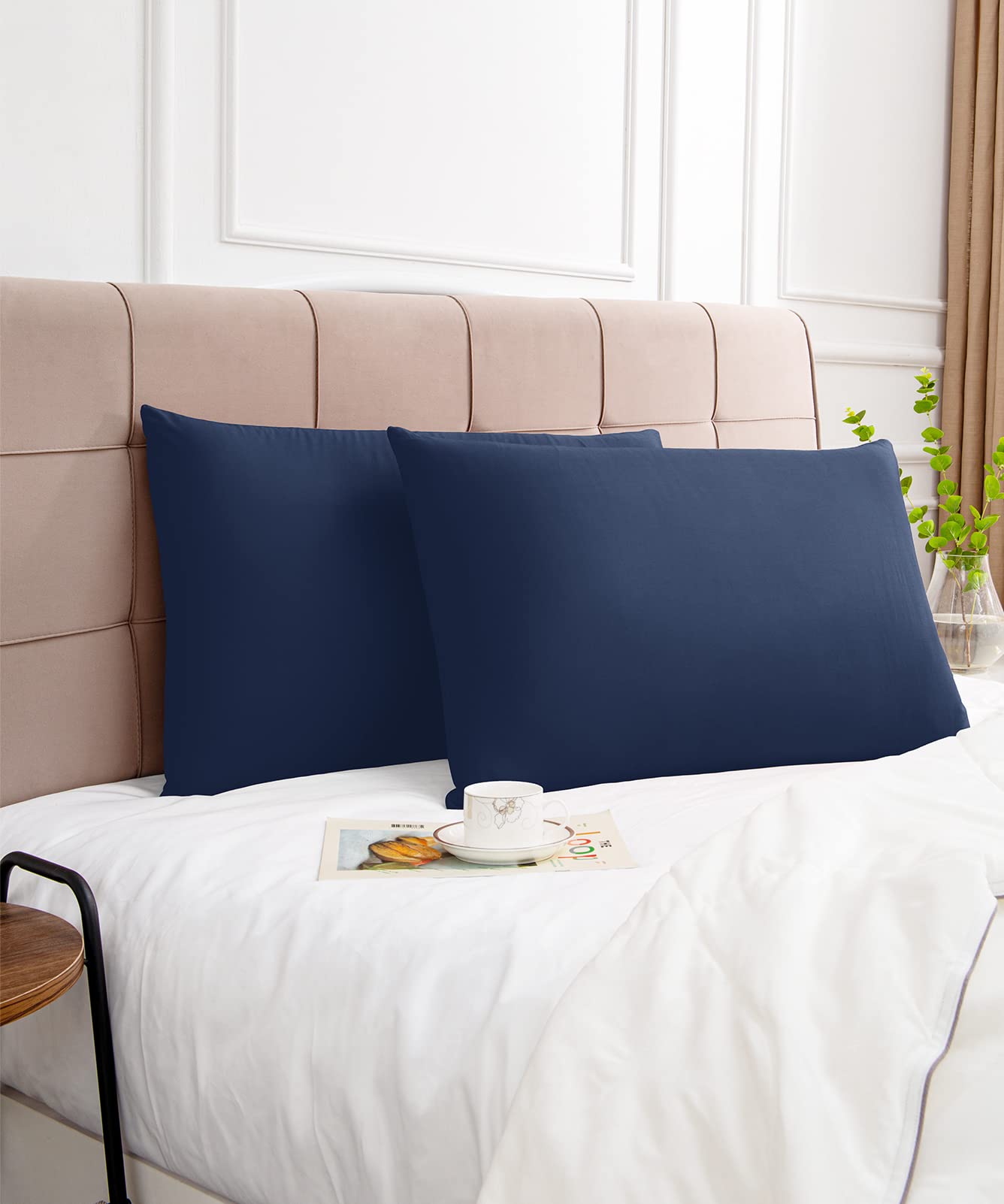 Premium 600 Thread Count King Size Cotton Pillowcases Set of 2 - 20x36 Inch Soft Long Staple Pillow Covers with Envelope Closure, Navy Blue - Luxury Bedding for Hotels, Guest Rooms & Home Decor