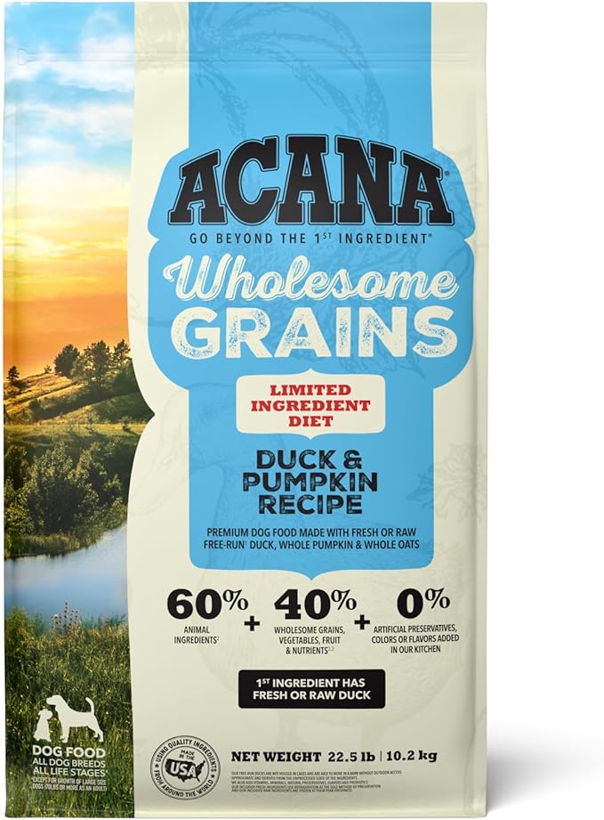 Acana Singles Wholesome Grains Dry Dog Food - Duck & Pumpkin Recipe - Grain-Inclusive Nutrition for Adult Dogs - Perfect for Sensitive Stomachs & Allergies - Ideal for Home Feeding & Training Treats