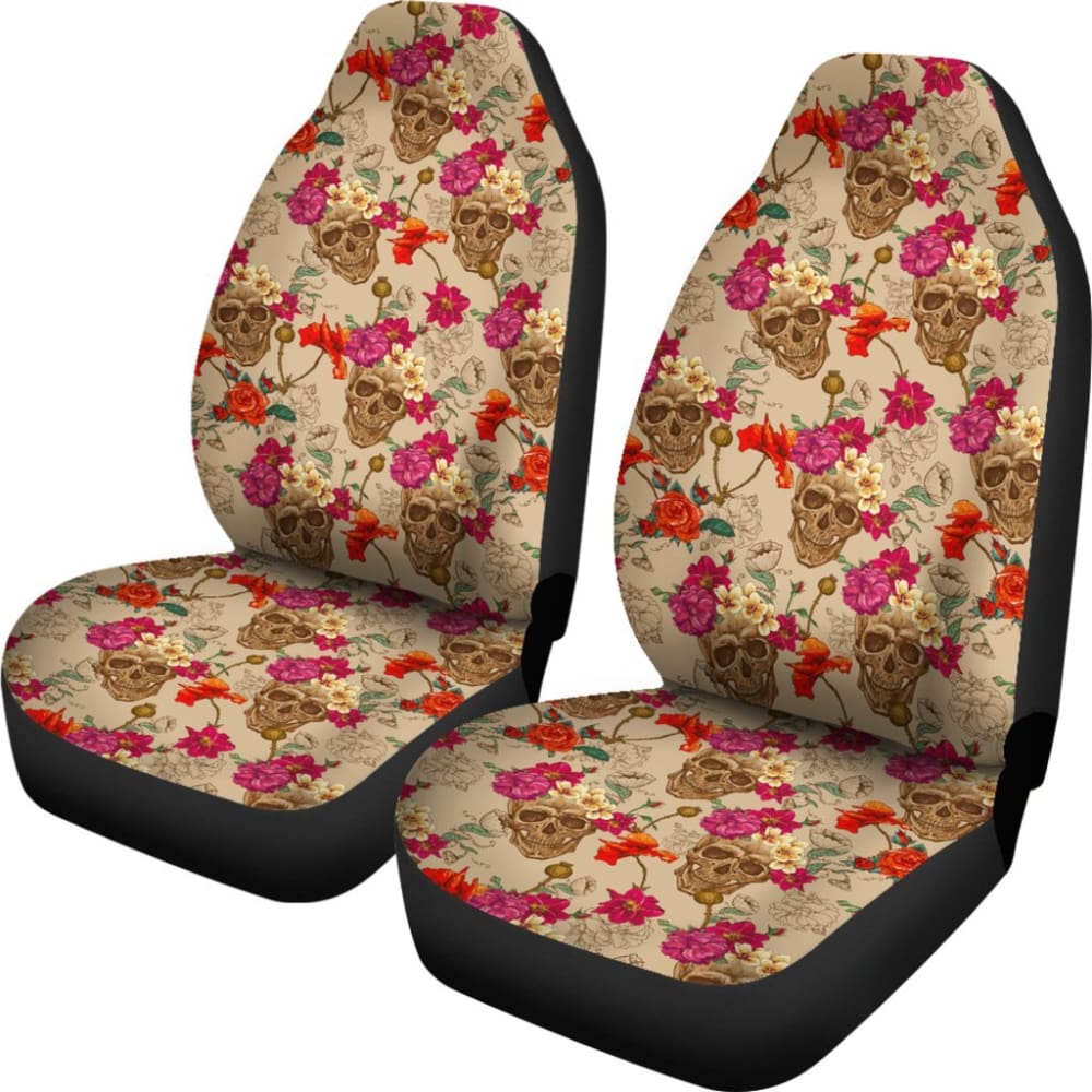 2 Pcs Sugar Skull Car Seat Covers - Premium Universal Fit for Cars, Trucks & SUVs - Halloween Dia de Los Muertos Decor - Protects Seats from Stains & Spills - Perfect for Road Trips, Daily Commute & Themed Parties