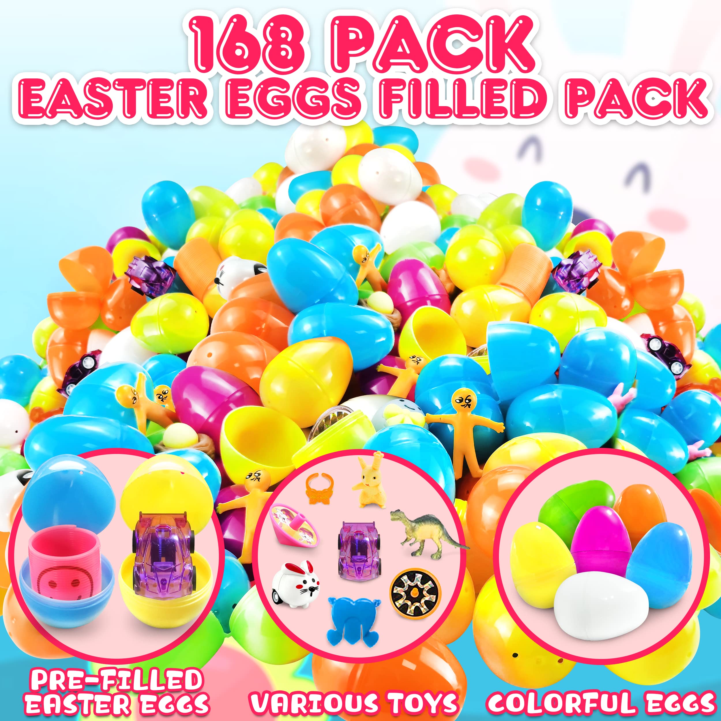 168 Packs Prefilled Easter Eggs with Toys Inside - Bulk Stuffed Easter Eggs for Easter Egg Hunt, Easter Basket Stuffers, Party Favors & Kids Gifts - Perfect for Easter Celebrations, Classroom Activities & Birthday Parties